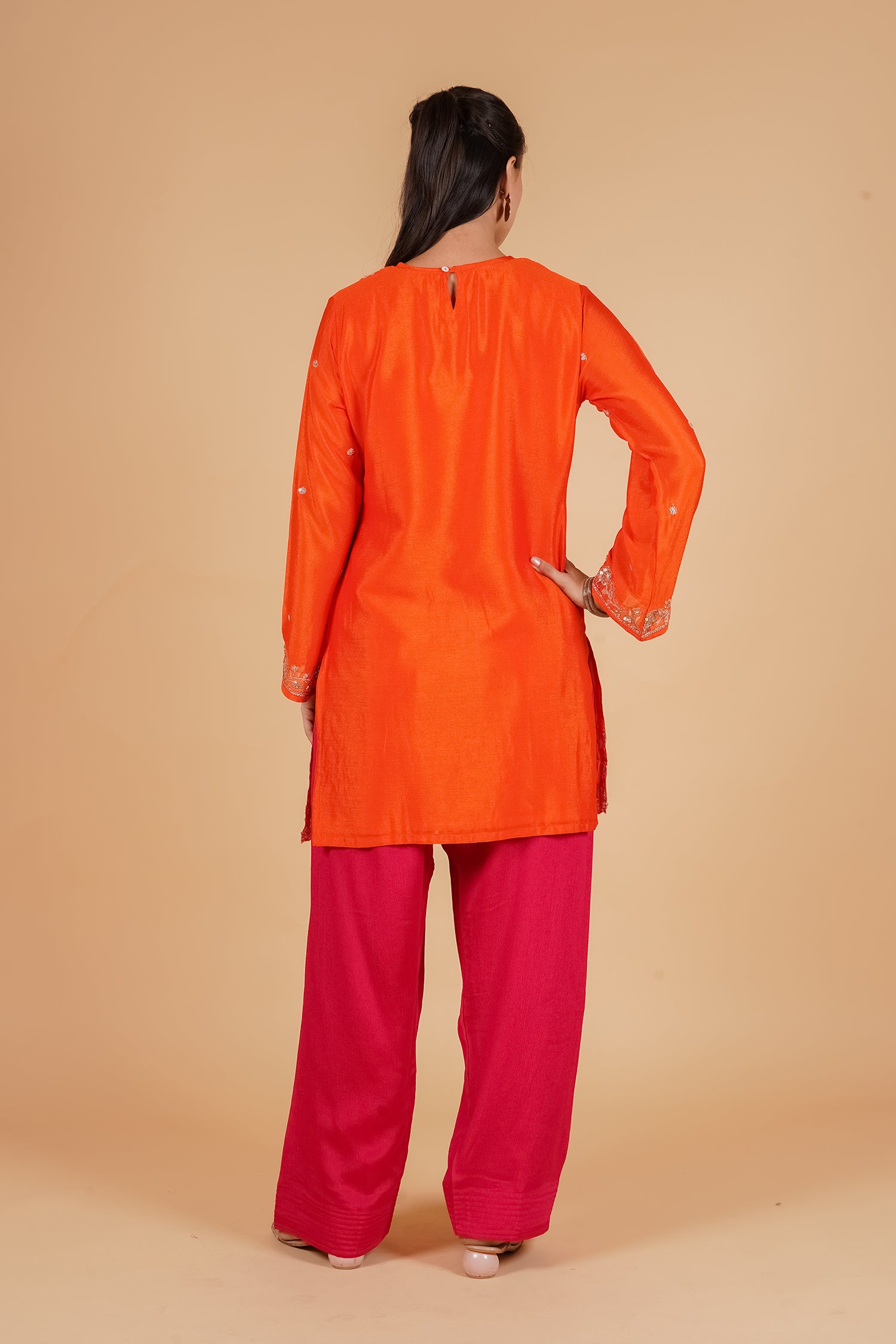 Mix Sequin  Chinnon Chiffon Embroidered Kurta Set - Orange Pink Bottom