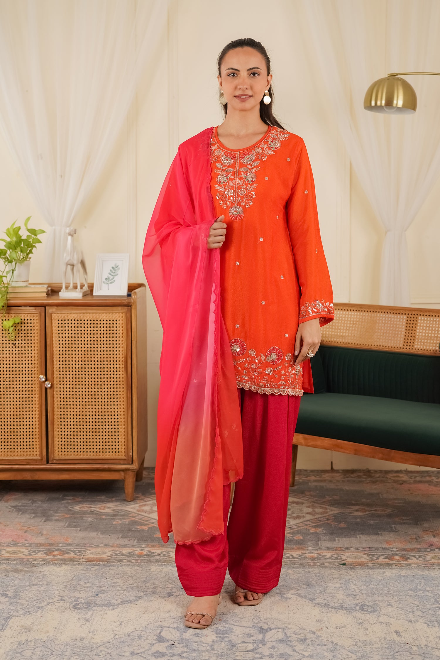 Mix Sequin  Chinnon Chiffon Embroidered Kurta Set - Orange Pink Bottom