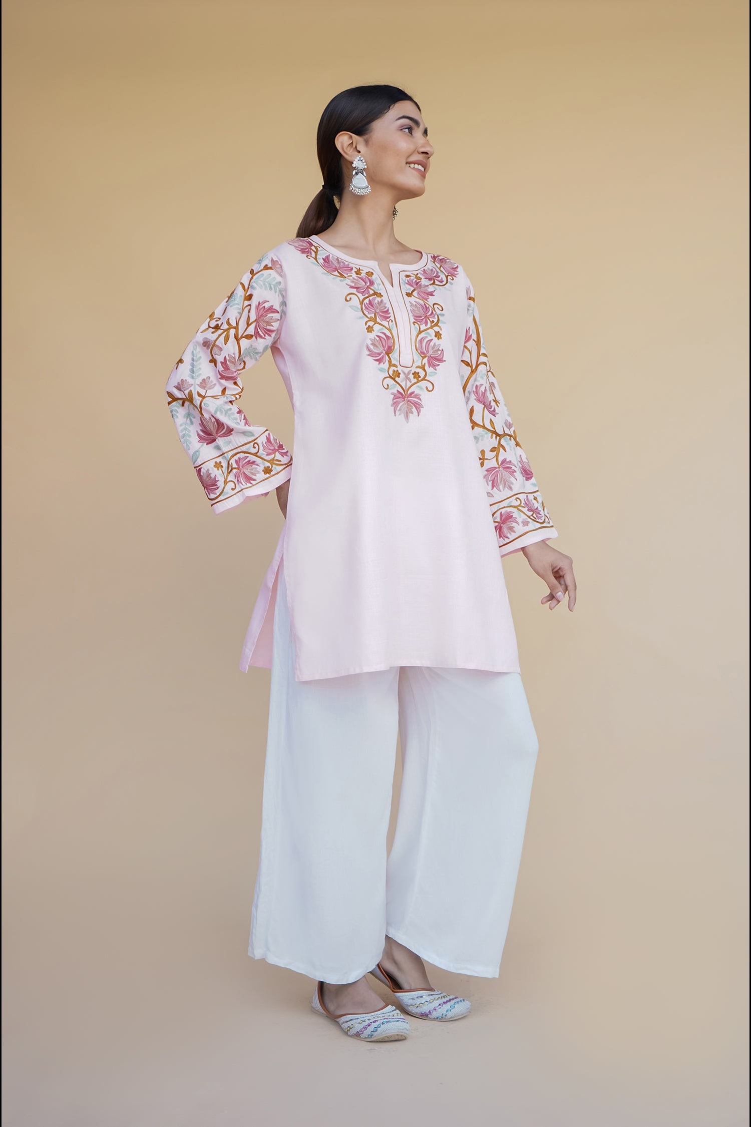 Kashmiri Aari Work Cotton Short Kurta – Pink