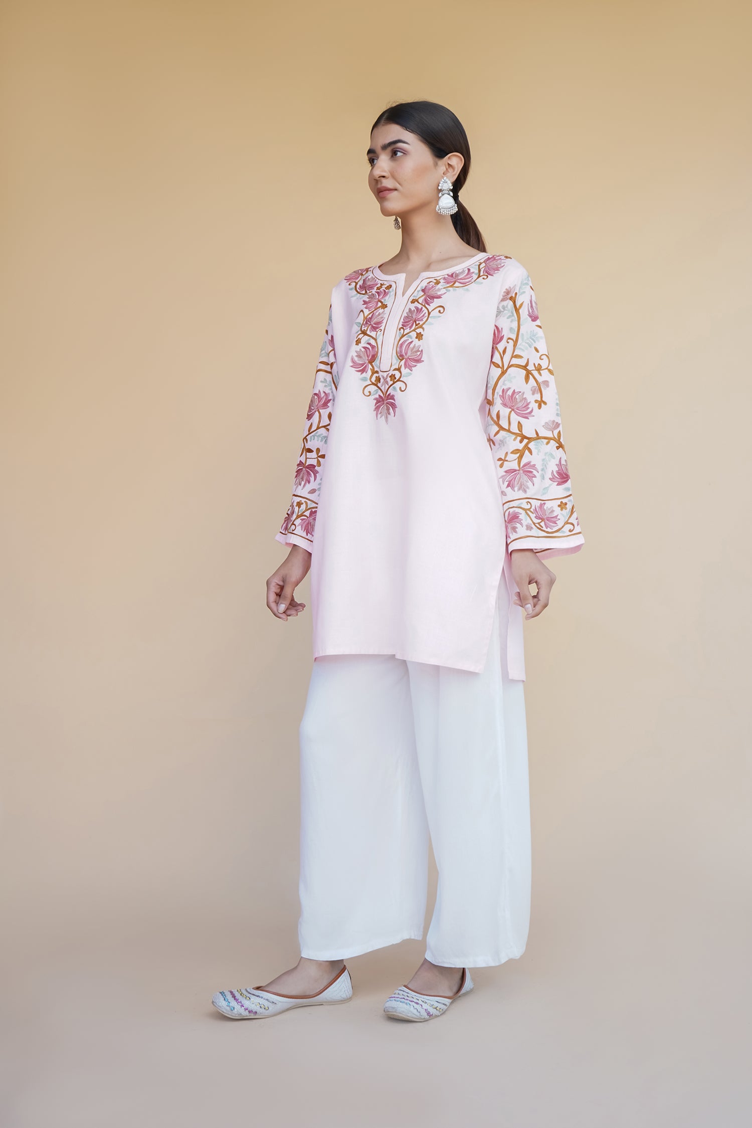 Kashmiri Aari Work Cotton Short Kurta – Pink