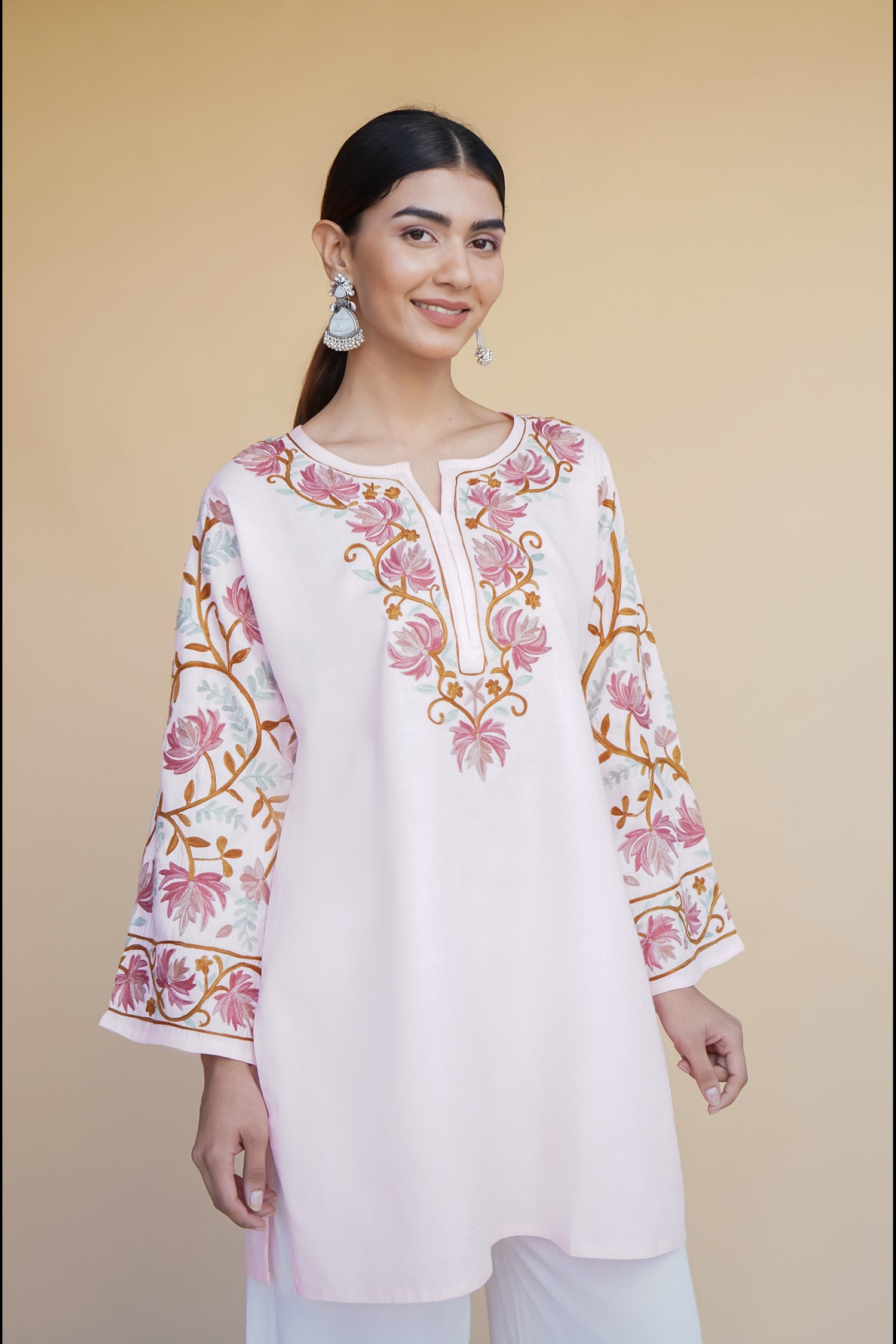 Kashmiri Aari Work Cotton Short Kurta – Pink