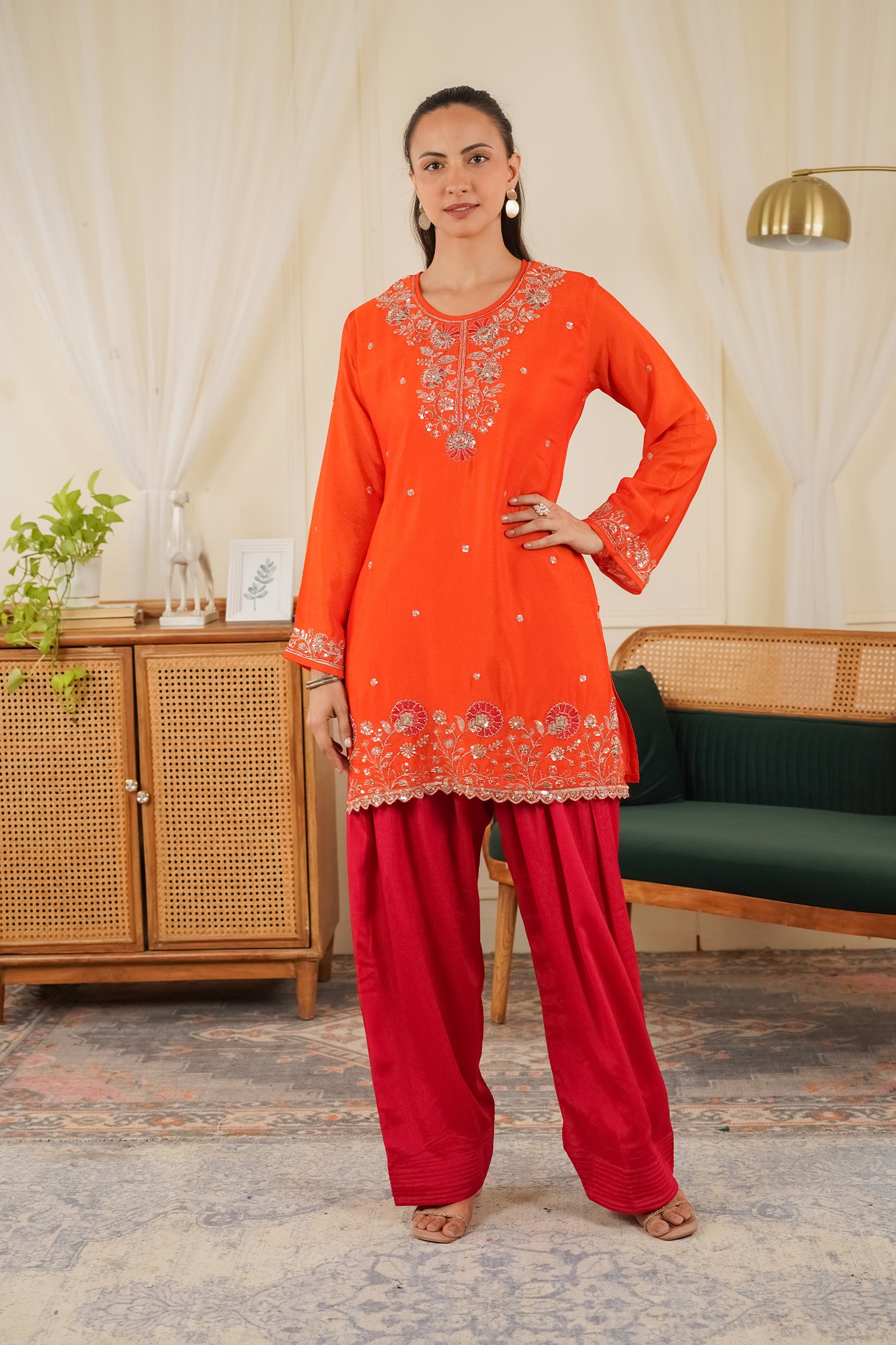 Mix Sequin  Chinnon Chiffon Embroidered Kurta Set - Orange Pink Bottom