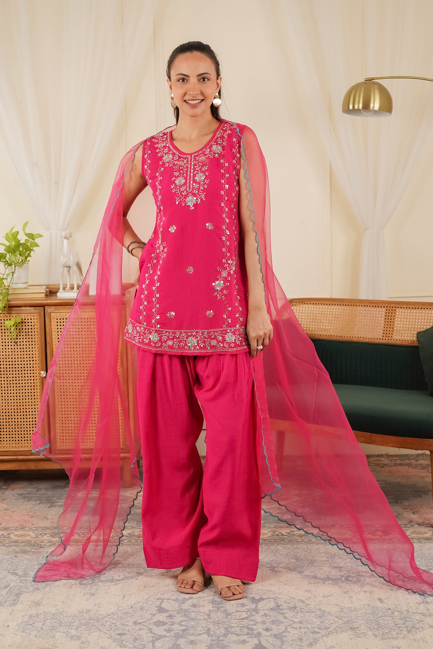 Mix Sequin Mul Chanderi Silk Embroidered Kurta Set - Pink