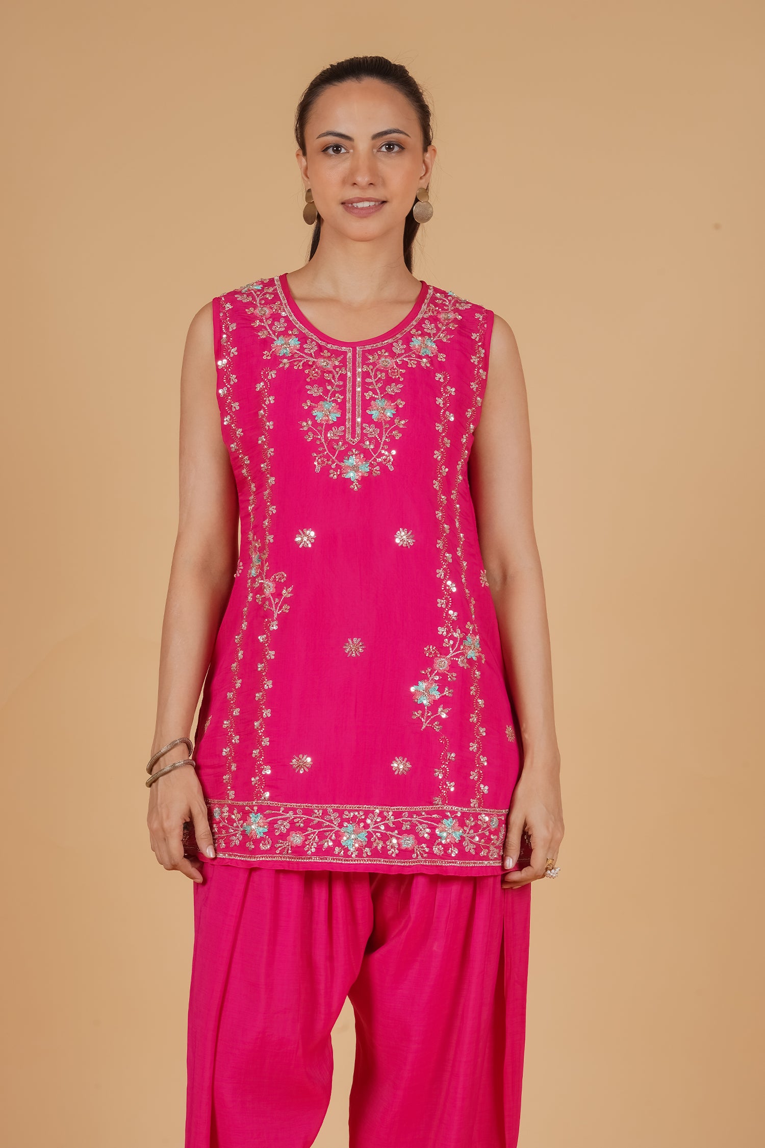 Mix Sequin Mul Chanderi Silk Embroidered Kurta Set - Pink