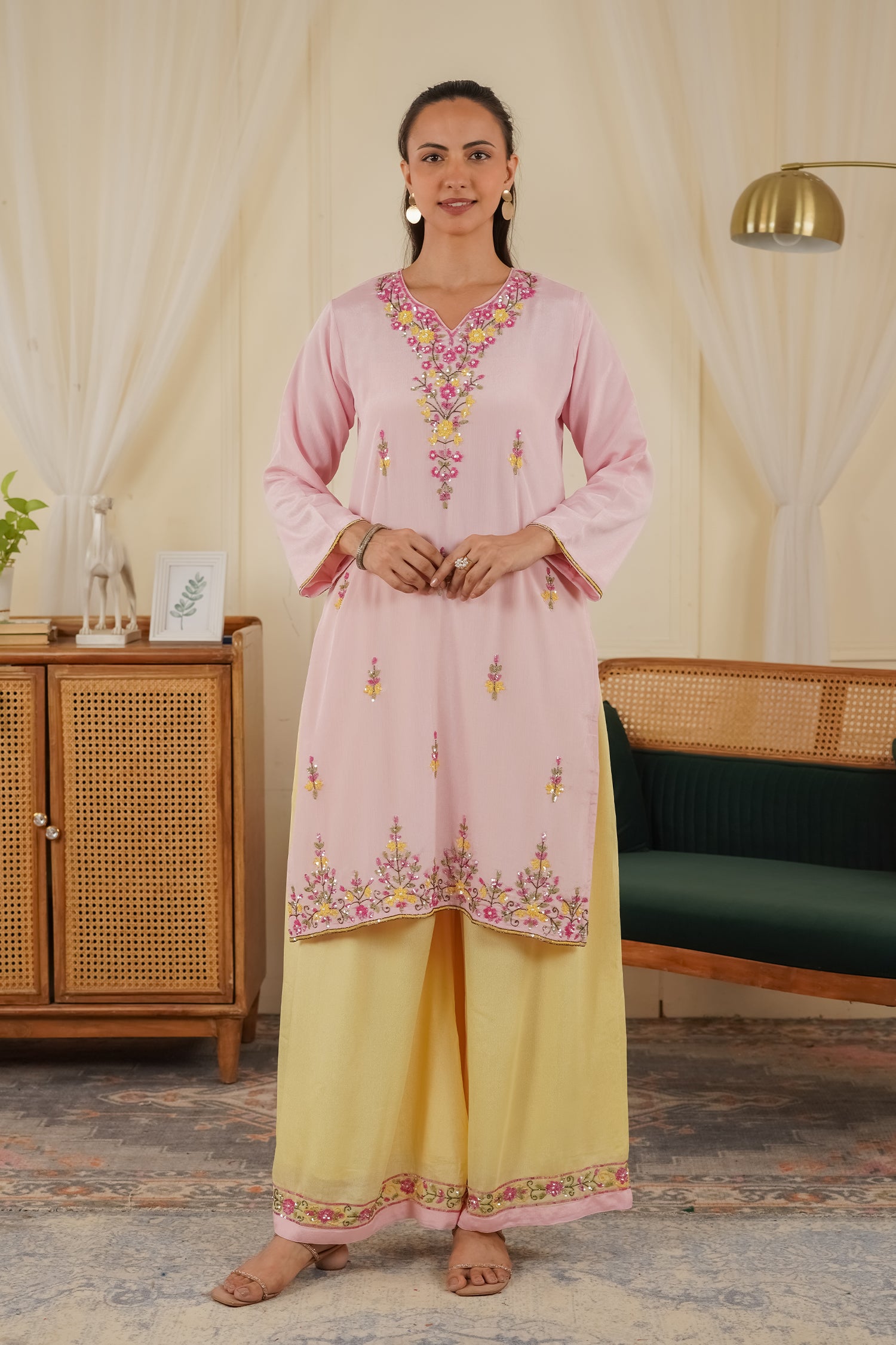 Pure Sequin Chinnon Chiffon Embroidered Kurta Set - Blush Pink