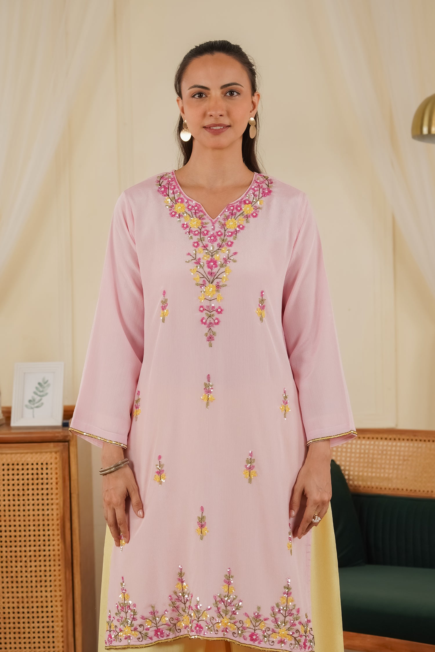 Pure Sequin Chinnon Chiffon Embroidered Kurta Set - Blush Pink