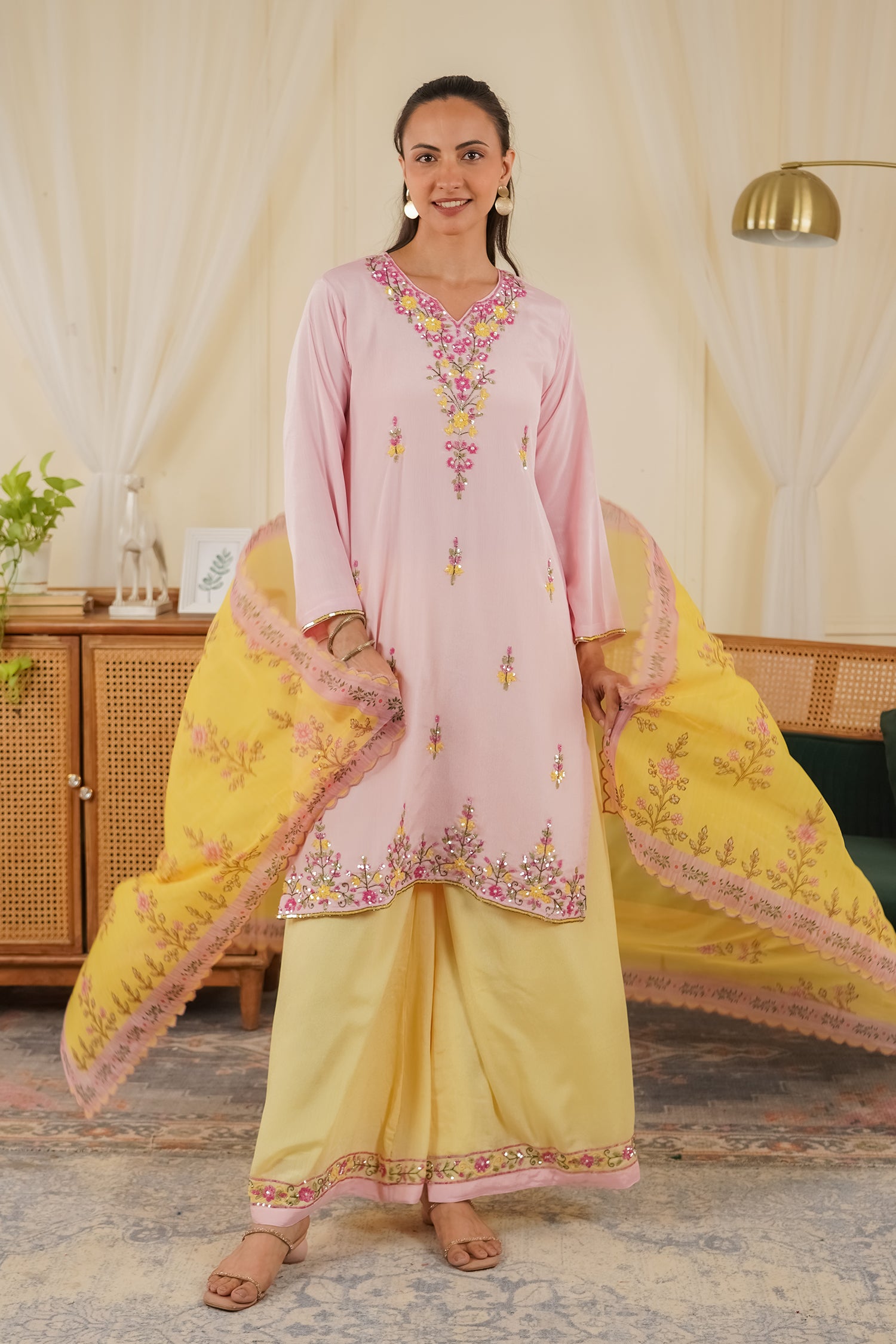Pure Sequin Chinnon Chiffon Embroidered Kurta Set - Blush Pink