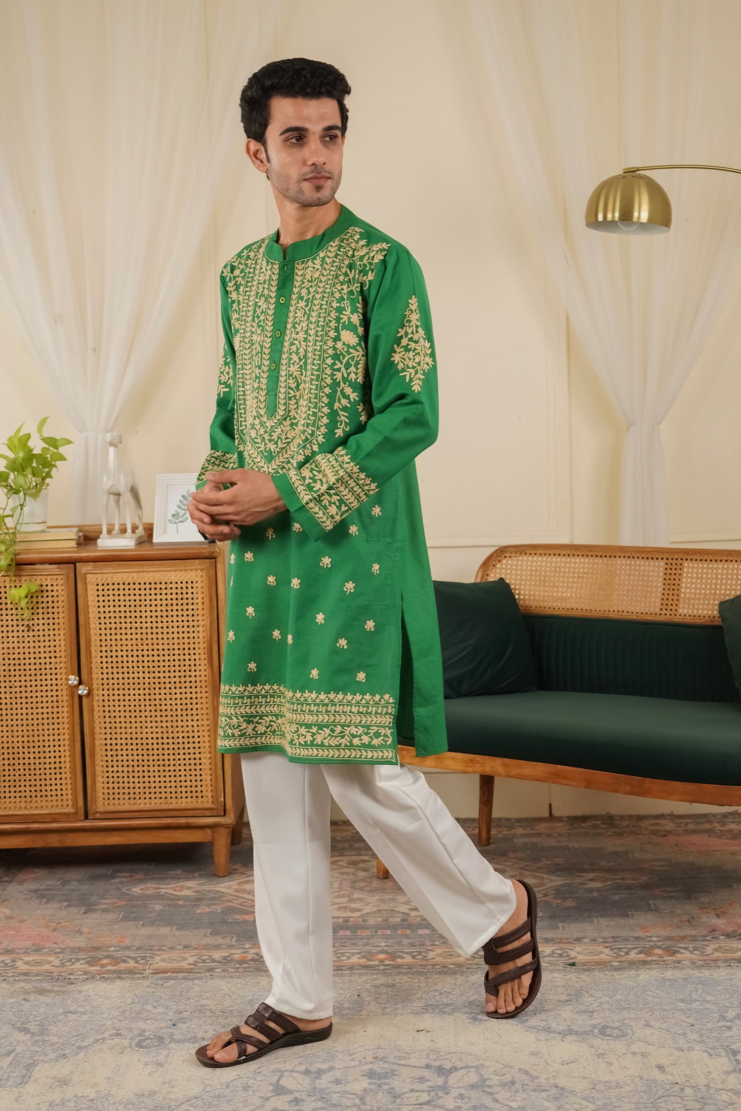 Men’s Kashmiri Aari Embroidered Kurta Ruby Cotton - Emerald Green