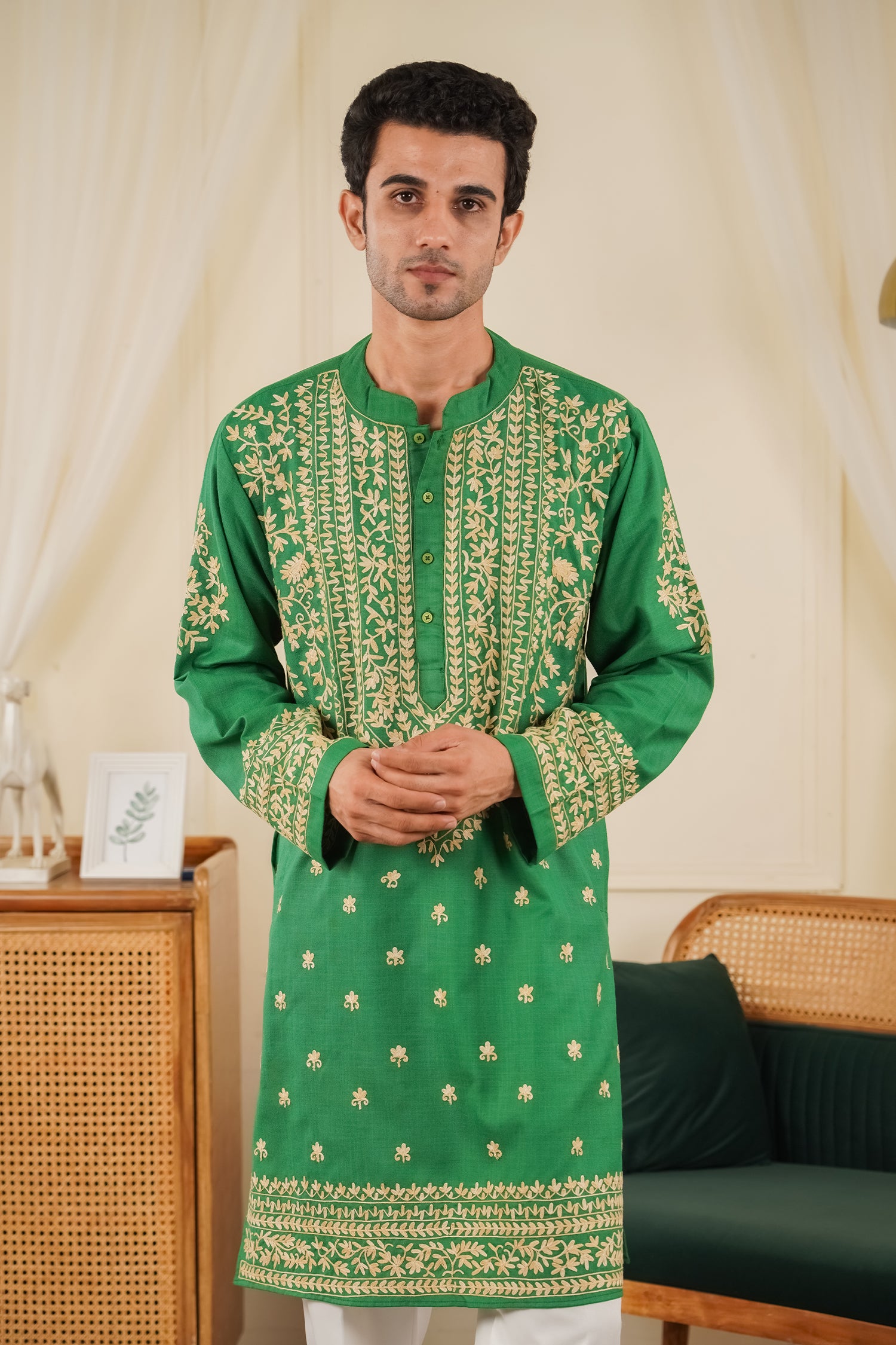 Men’s Kashmiri Aari Embroidered Kurta Ruby Cotton - Emerald Green