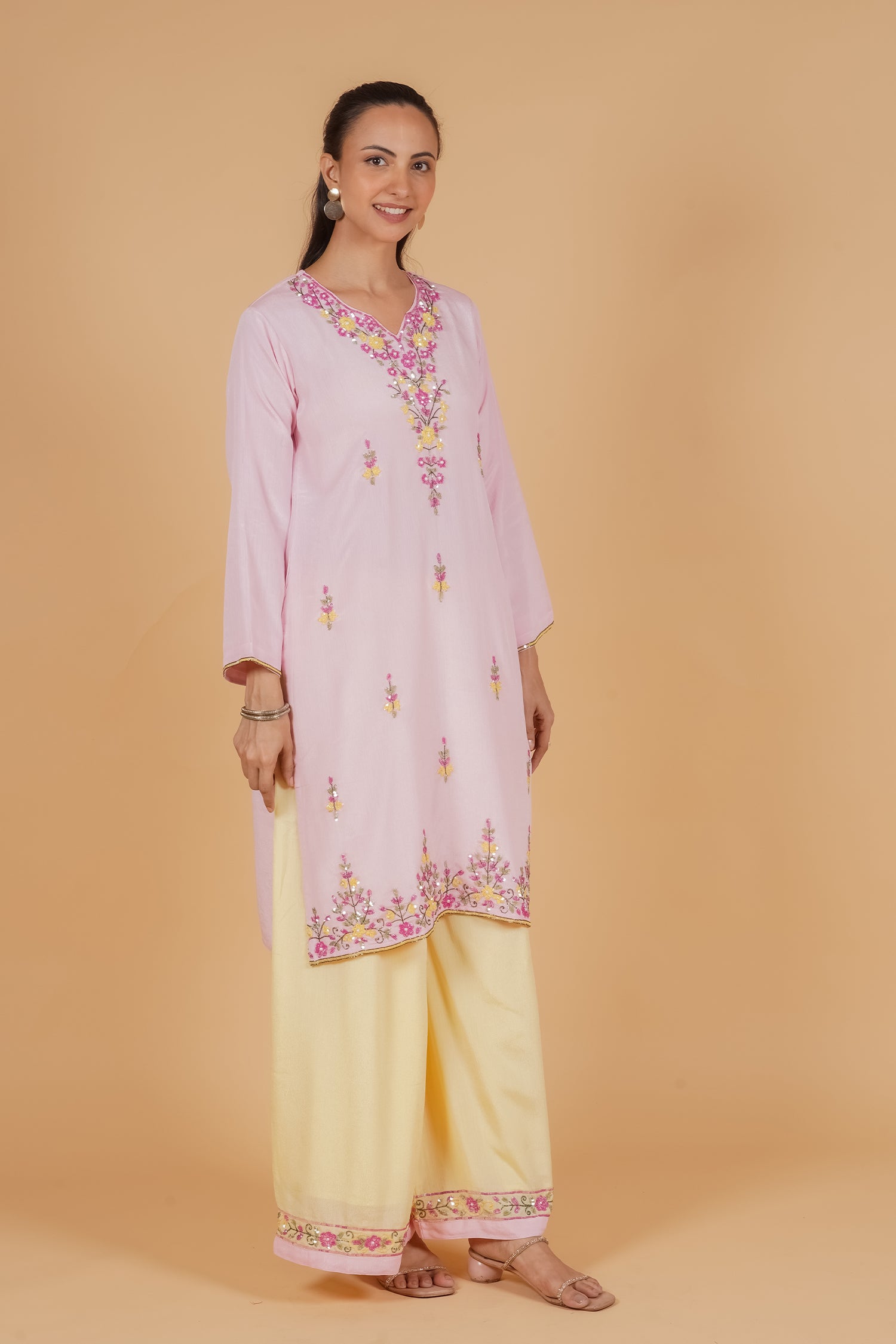 Pure Sequin Chinnon Chiffon Embroidered Kurta Set - Blush Pink