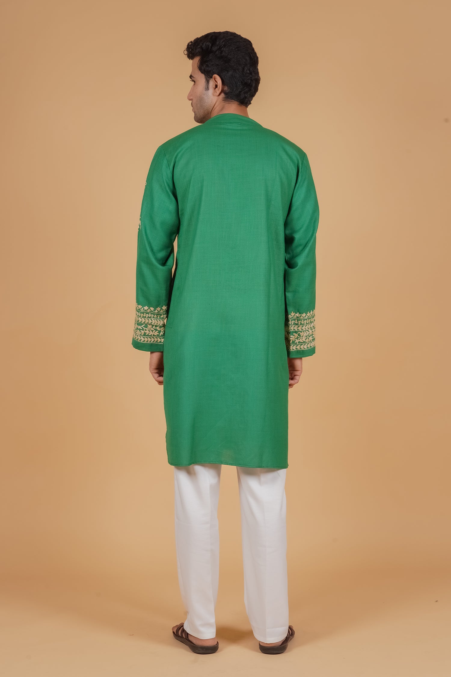 Men’s Kashmiri Aari Embroidered Kurta Ruby Cotton - Emerald Green