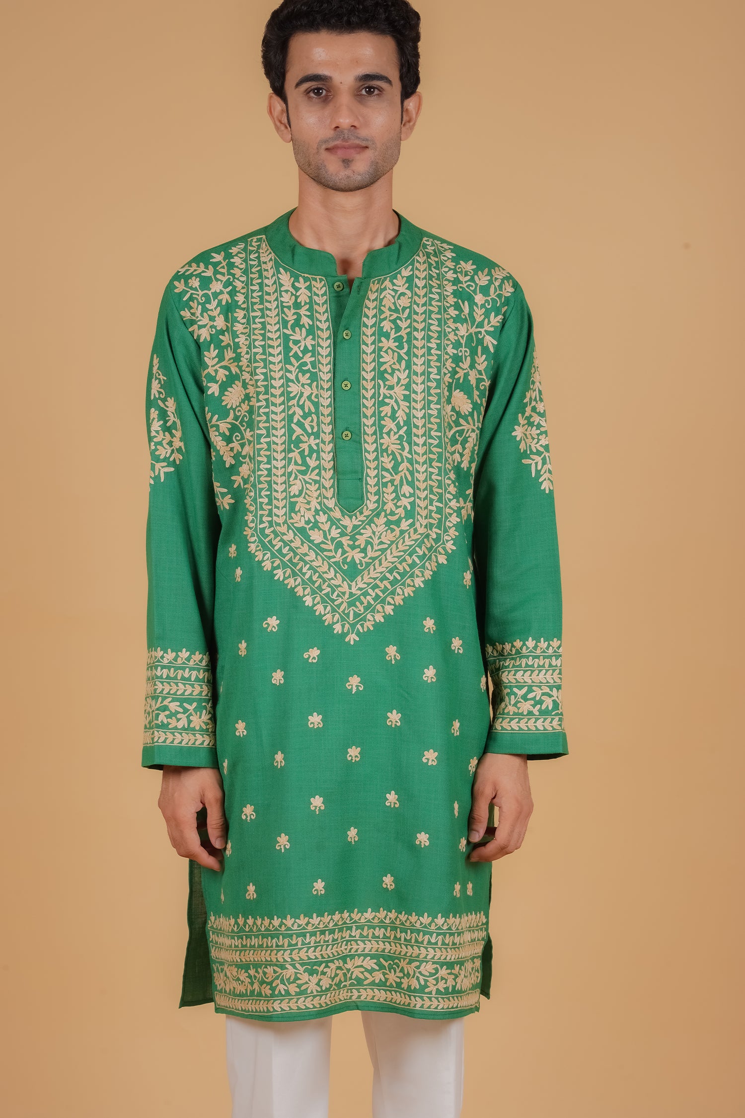 Men’s Kashmiri Aari Embroidered Kurta Ruby Cotton - Emerald Green
