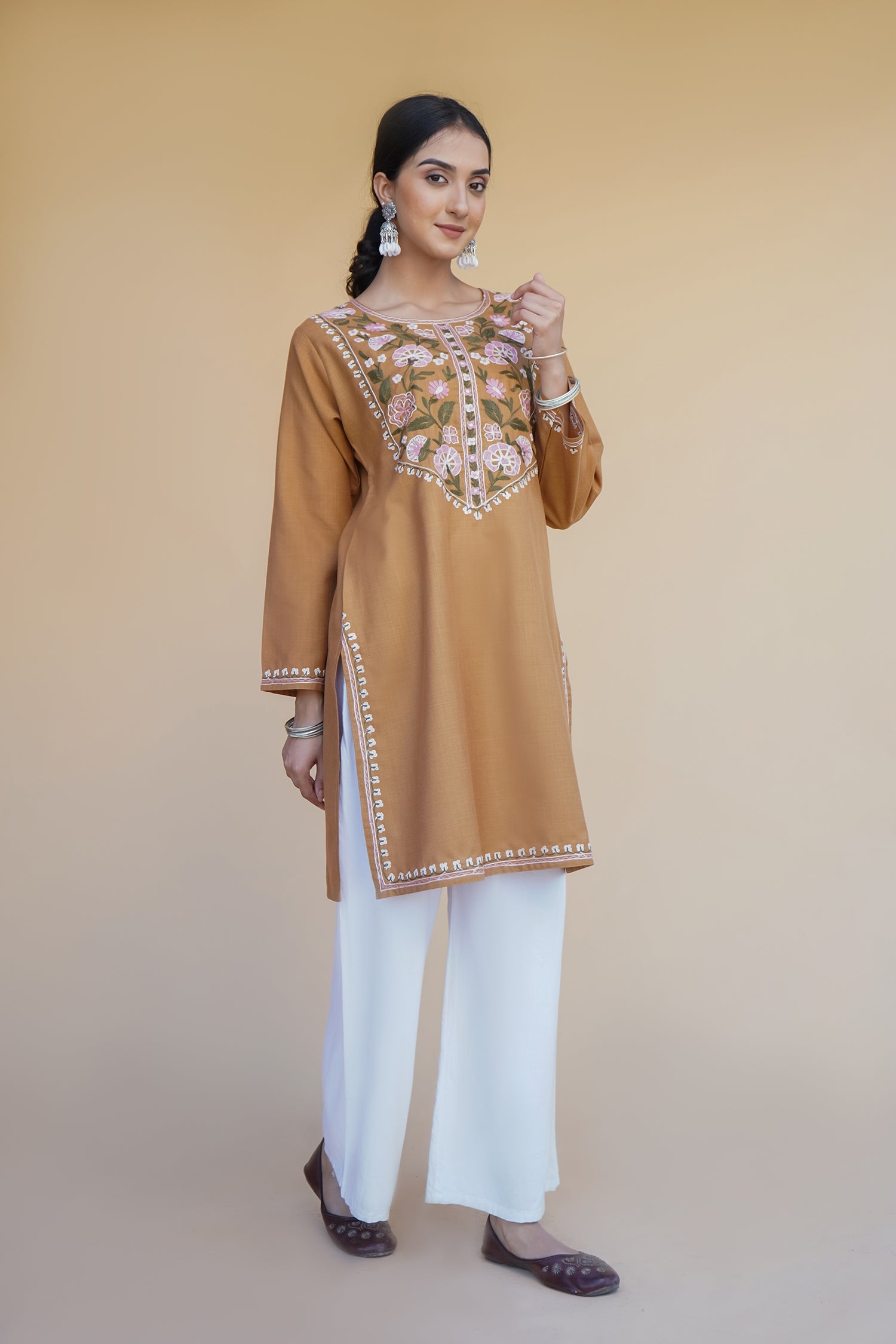 Kashmiri Aari Work Cotton Short Kurta – Brown