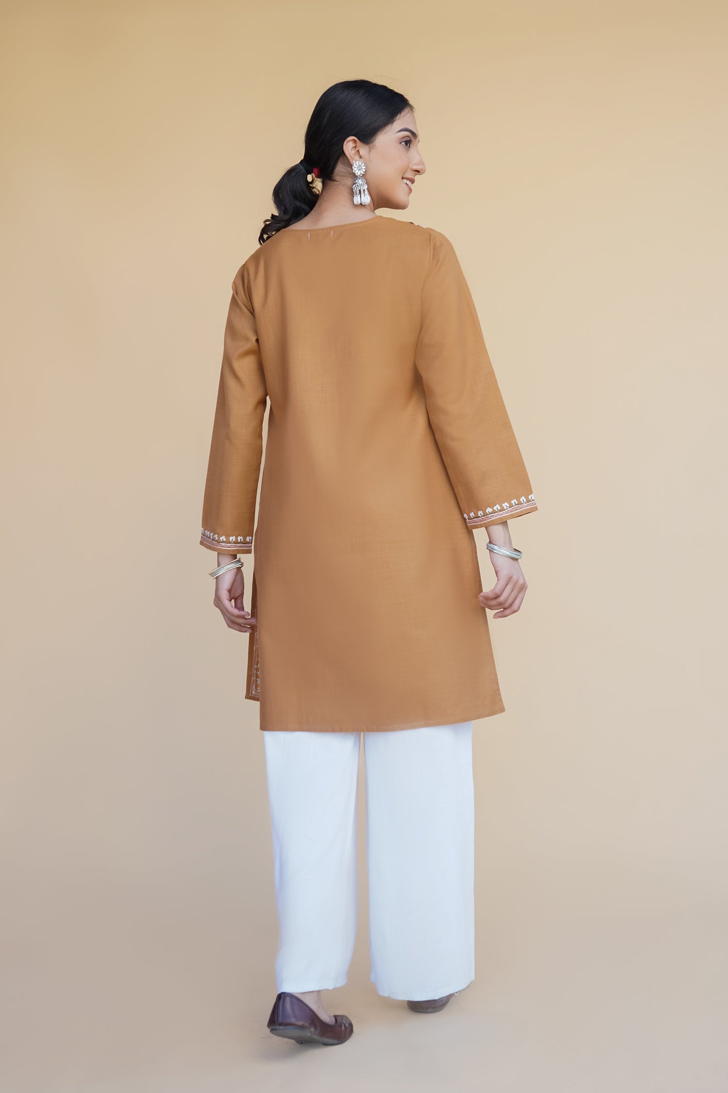 Kashmiri Aari Work Cotton Short Kurta – Brown