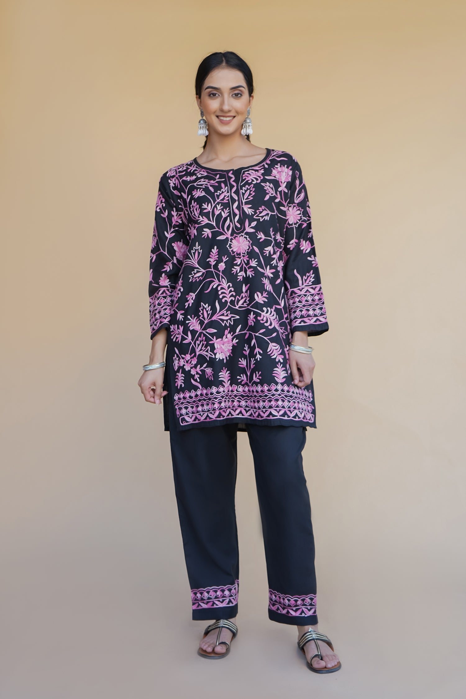 Kashmiri Aari Work Cotton Kurta Set - Black with Pink