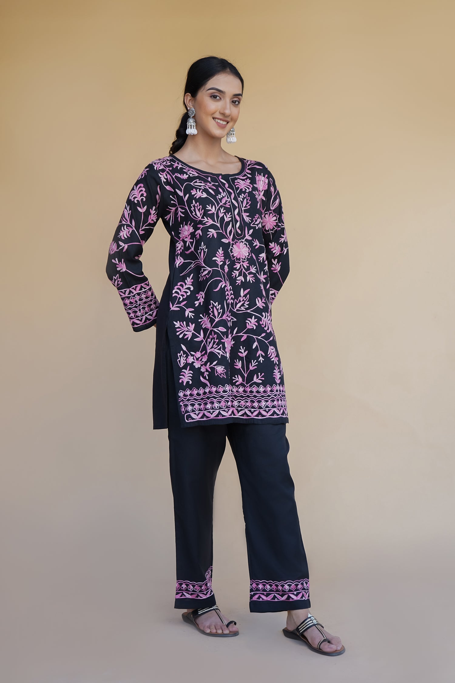 Kashmiri Aari Work Cotton Kurta Set - Black with Pink