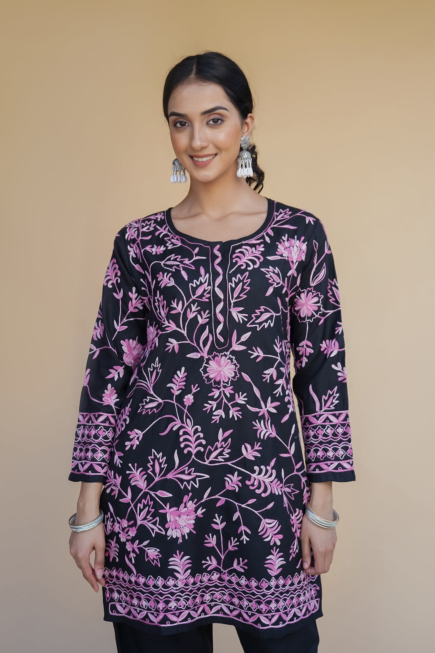 Kashmiri Aari Work Cotton Kurta Set - Black with Pink