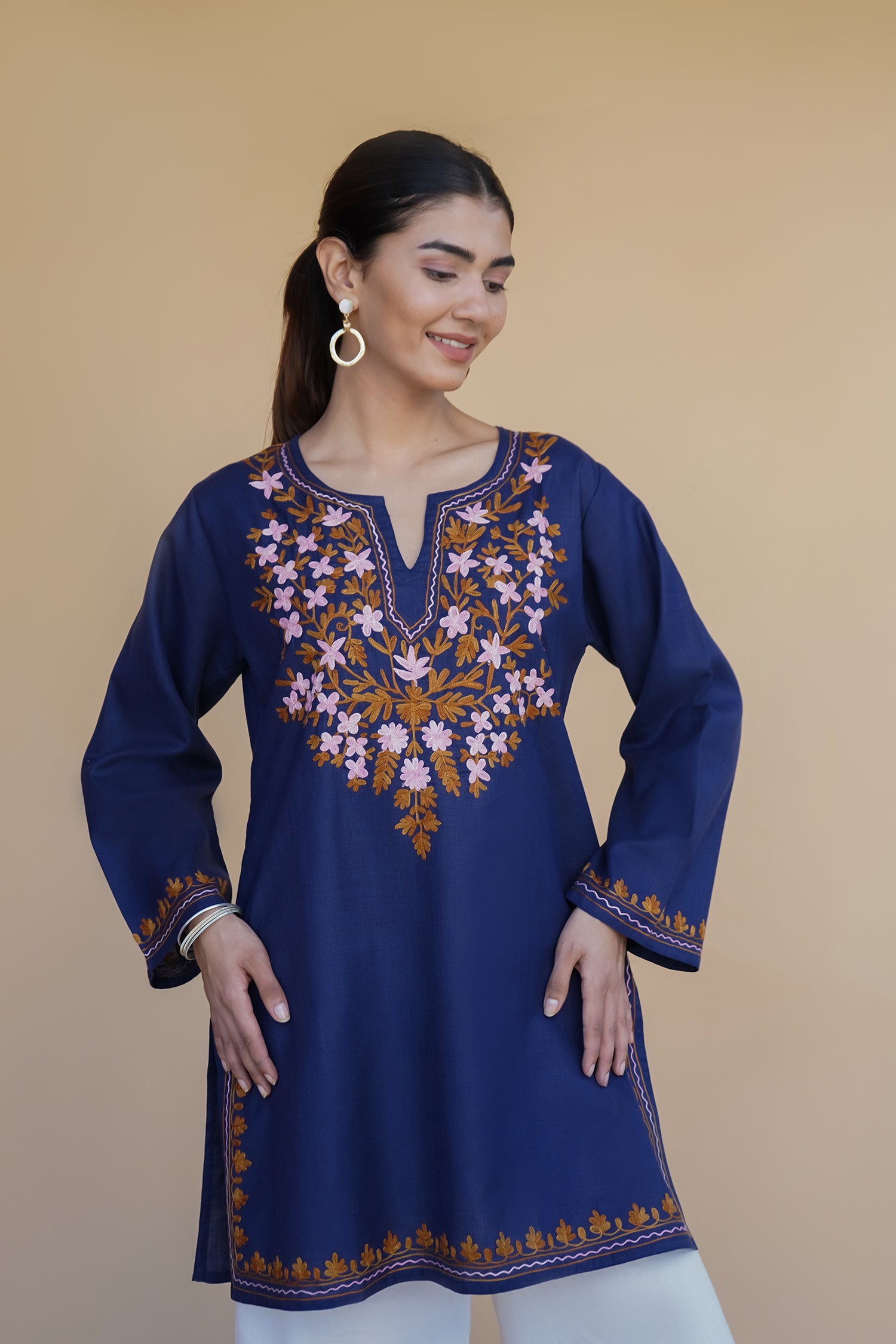 Kashmiri Aari Work Cotton Short Kurta – Navy Blue