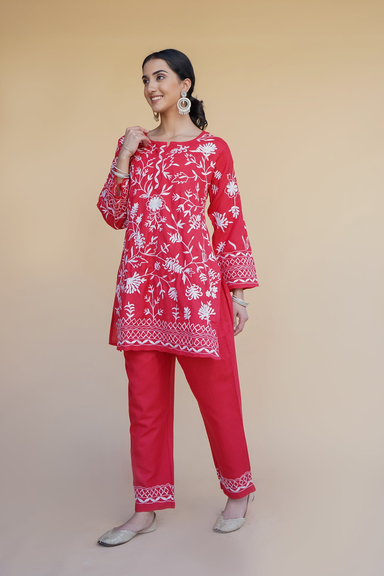 Kashmiri Aari Work Cotton Kurta Set - Red With White