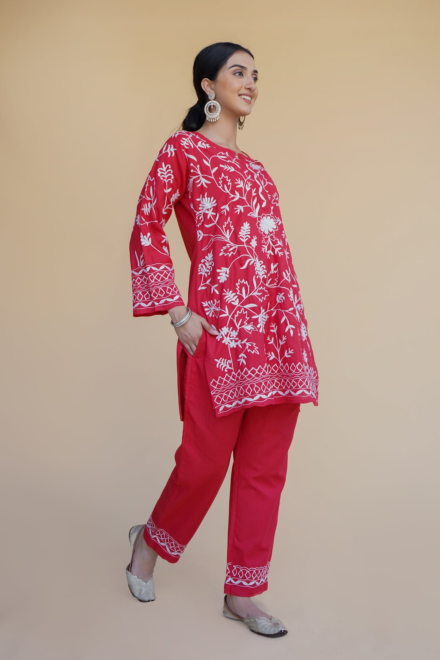 Kashmiri Aari Work Cotton Kurta Set - Red With White