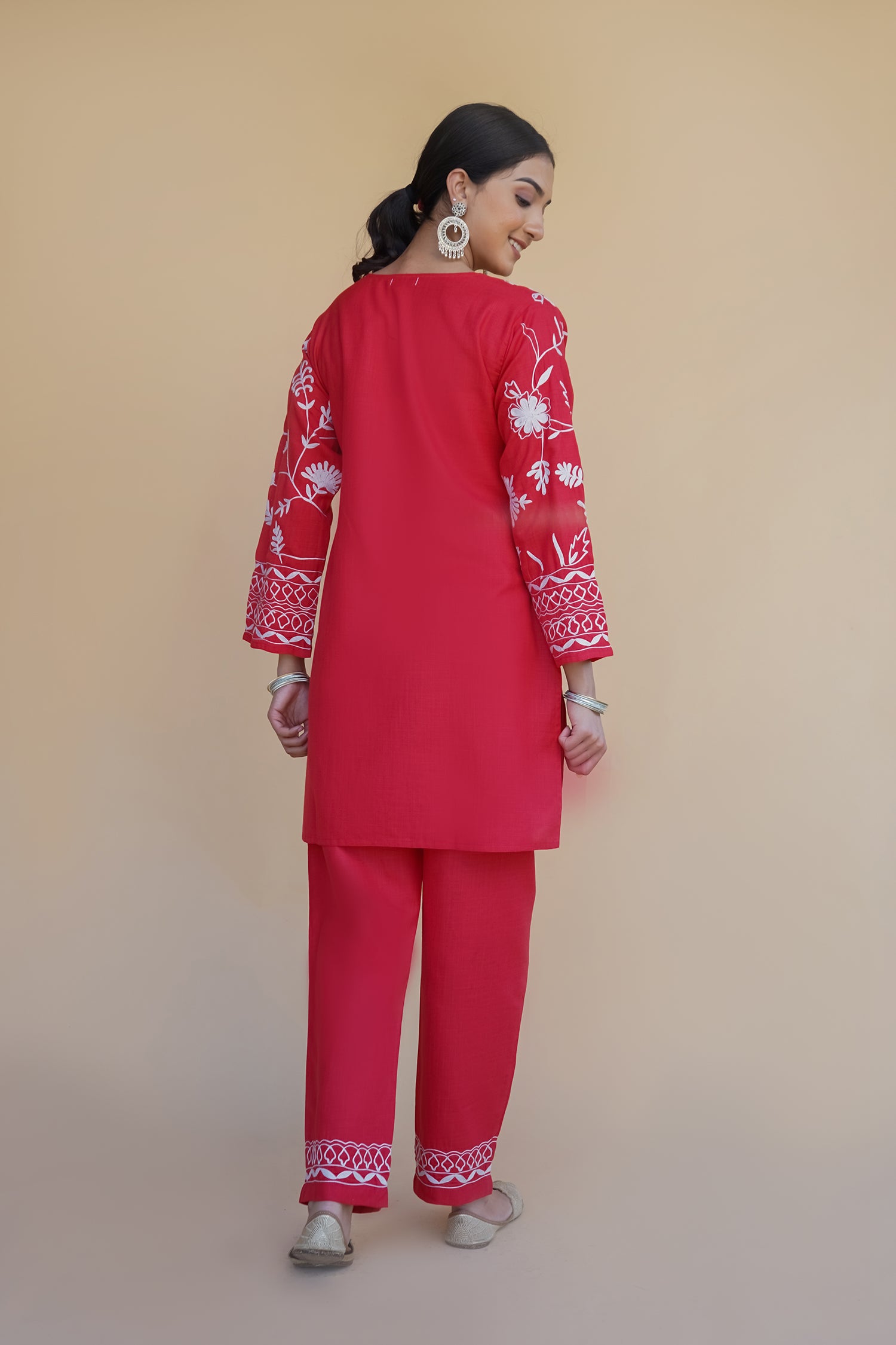 Kashmiri Aari Work Cotton Kurta Set - Red With White