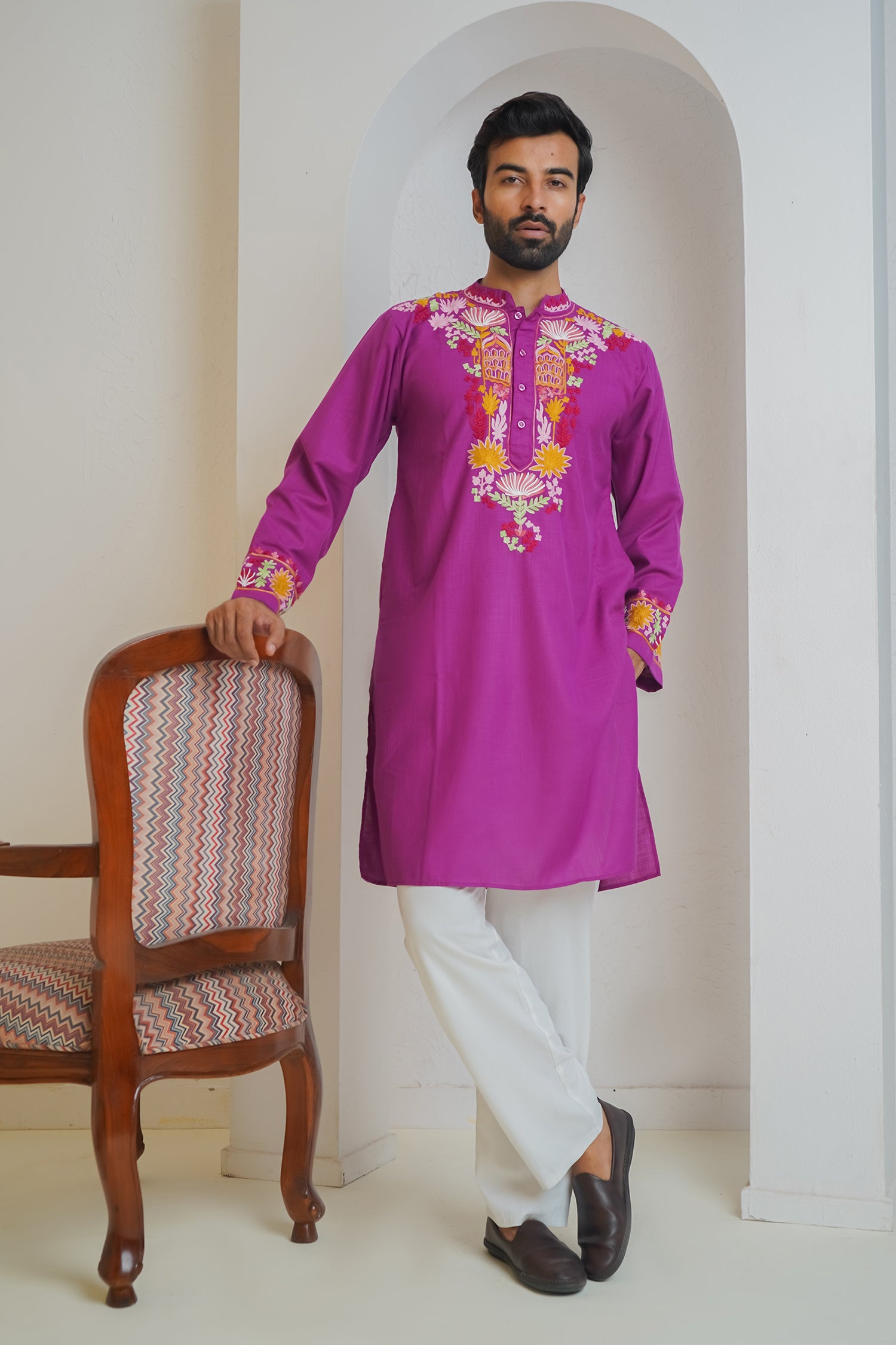 Cotton Arri Work Kurta for Men – Purple