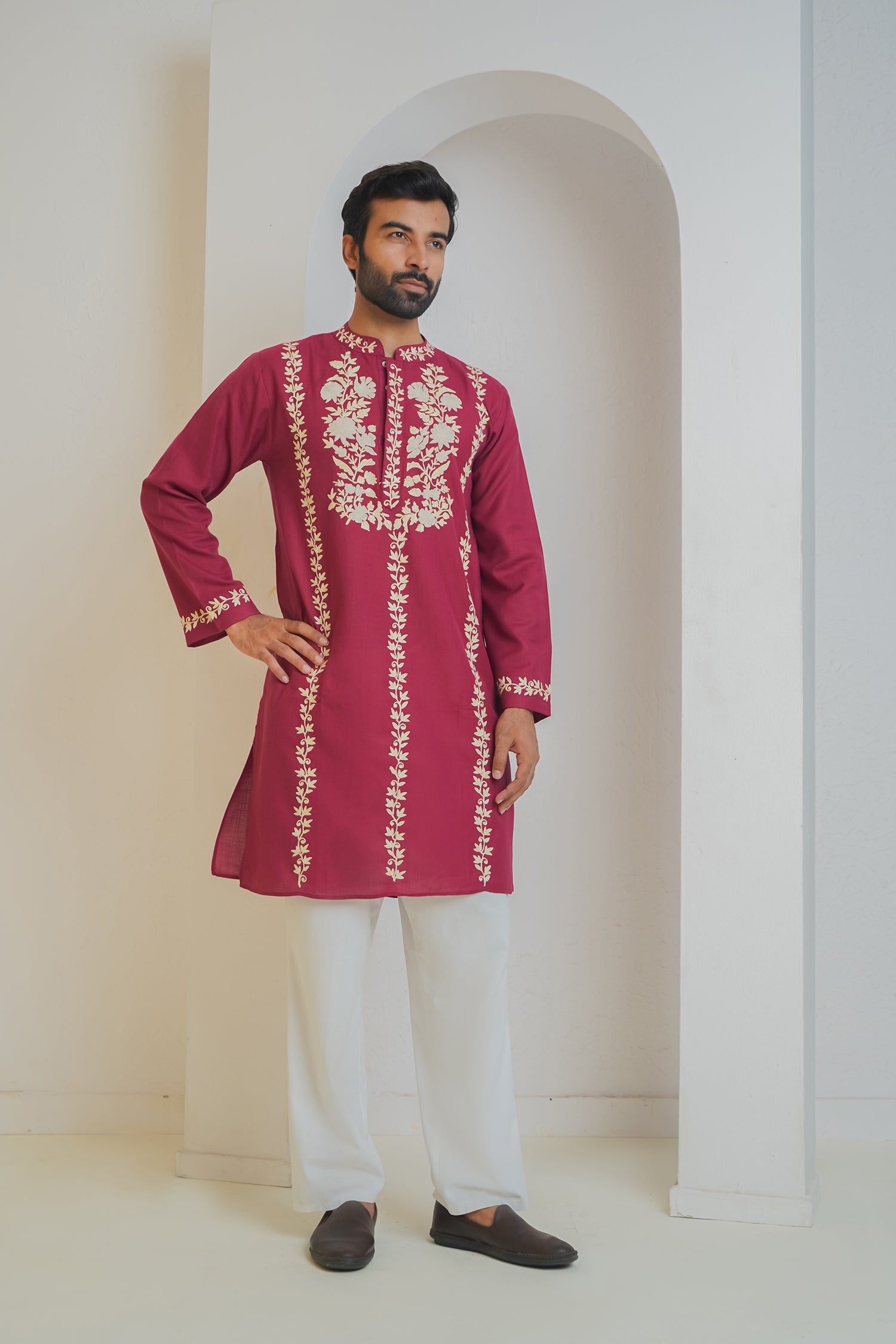 Cotton Arri Work Kurta for Men – Maroon
