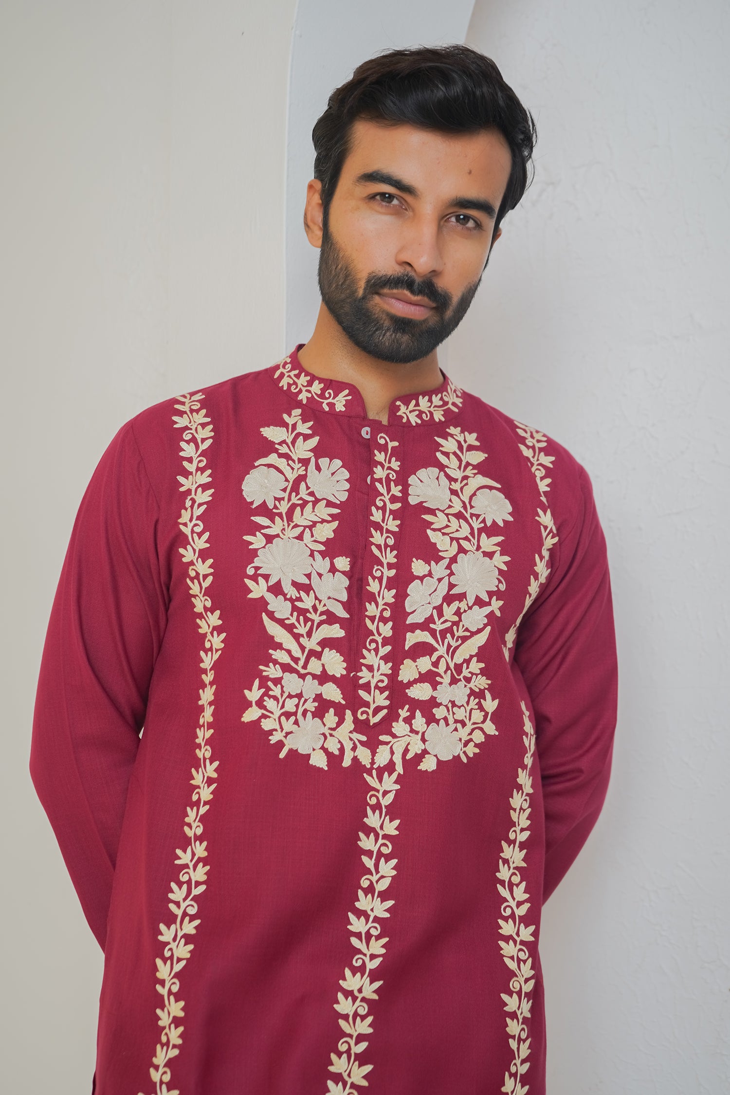 Cotton Arri Work Kurta for Men – Maroon
