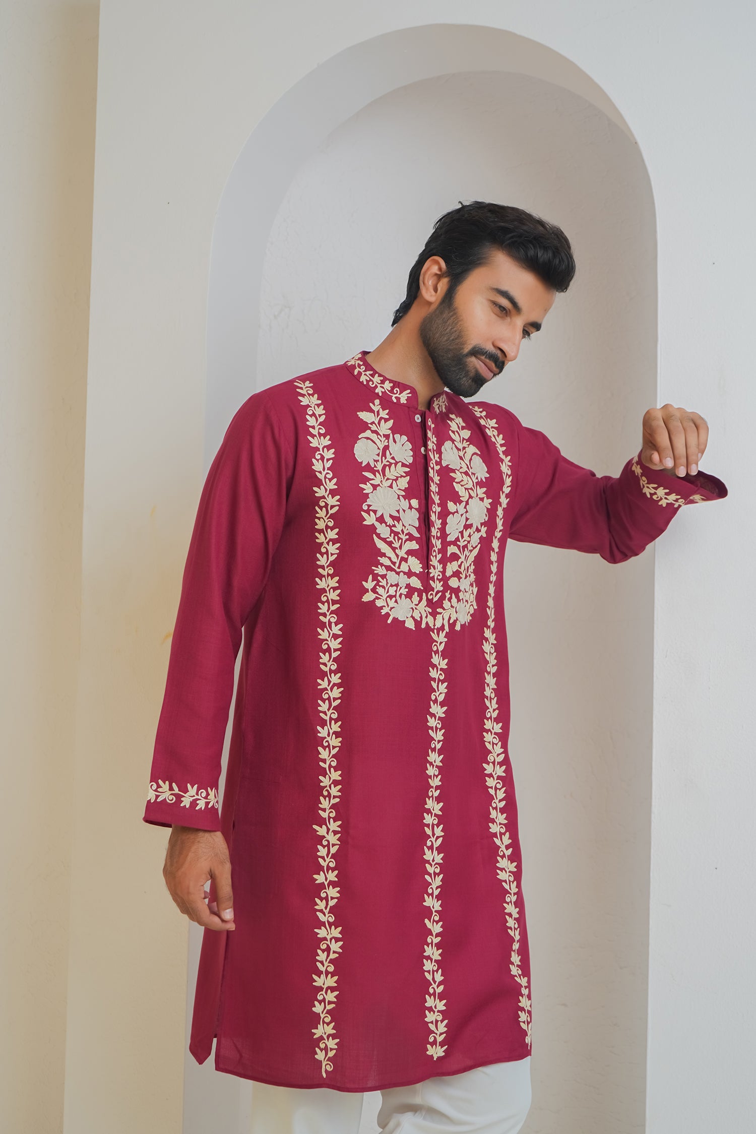 Cotton Arri Work Kurta for Men – Maroon