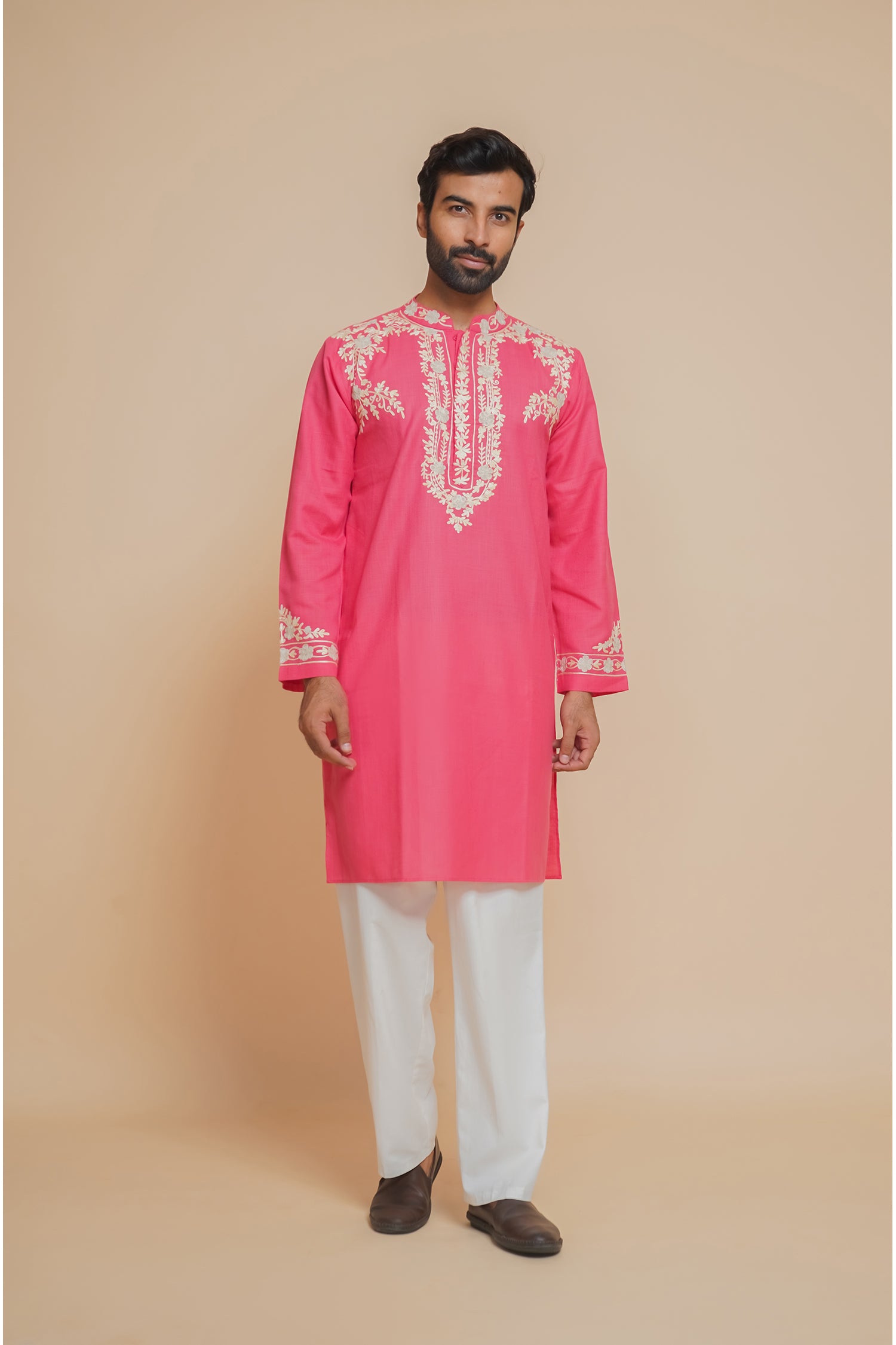 Cotton Arri Work Kurta for Men – Pink