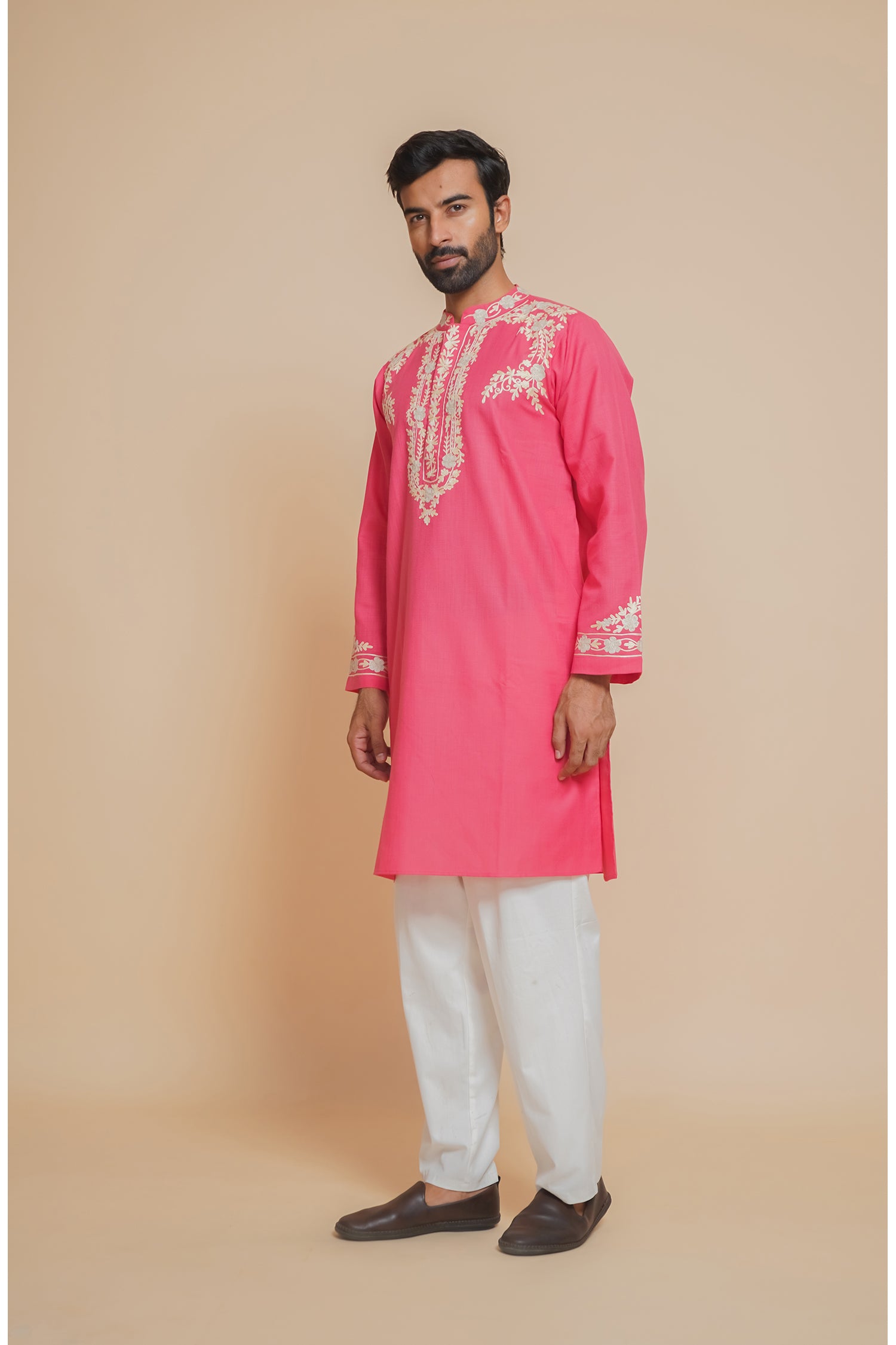 Cotton Arri Work Kurta for Men – Pink
