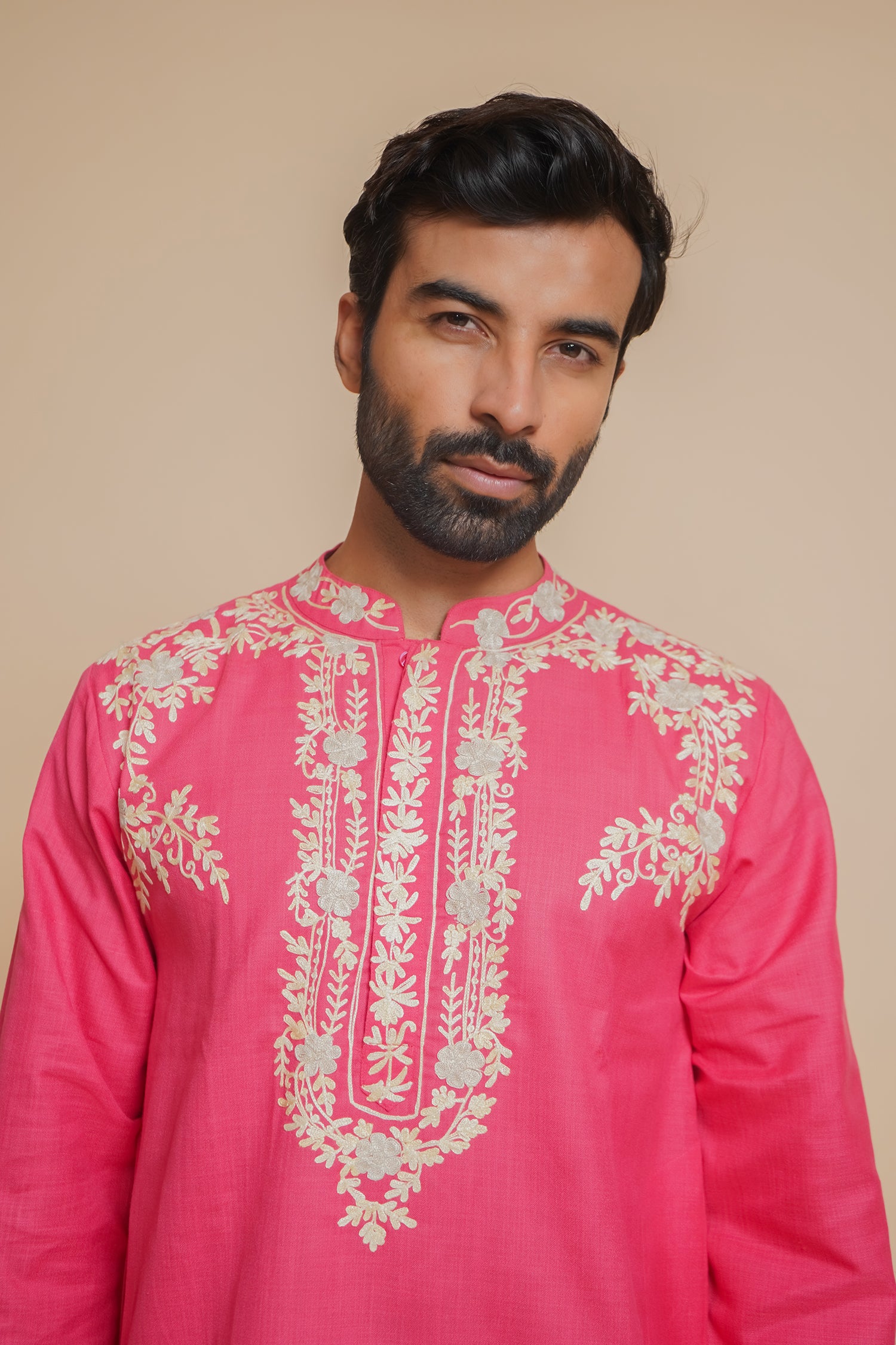 Cotton Arri Work Kurta for Men – Pink
