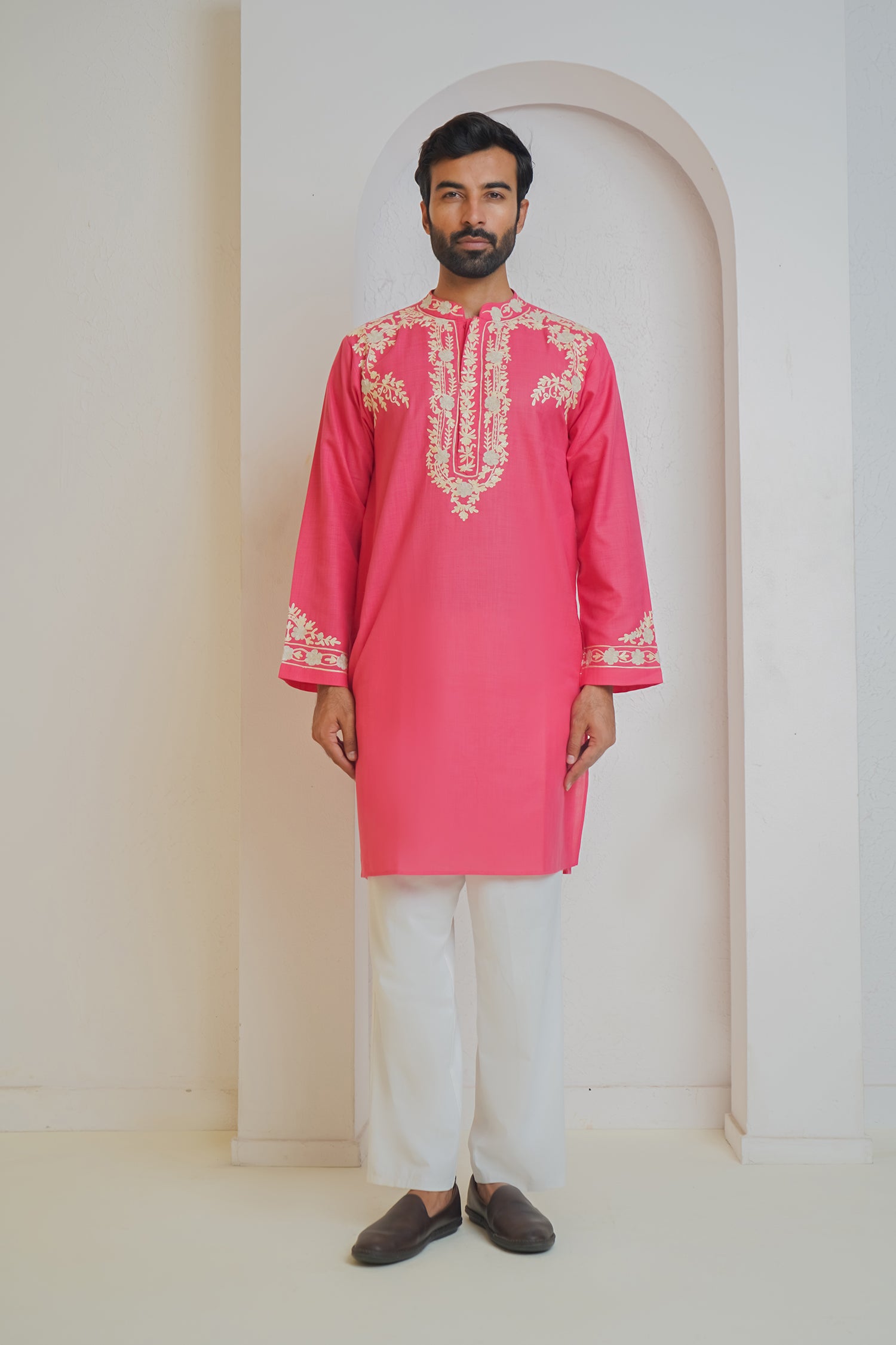 Cotton Arri Work Kurta for Men – Pink