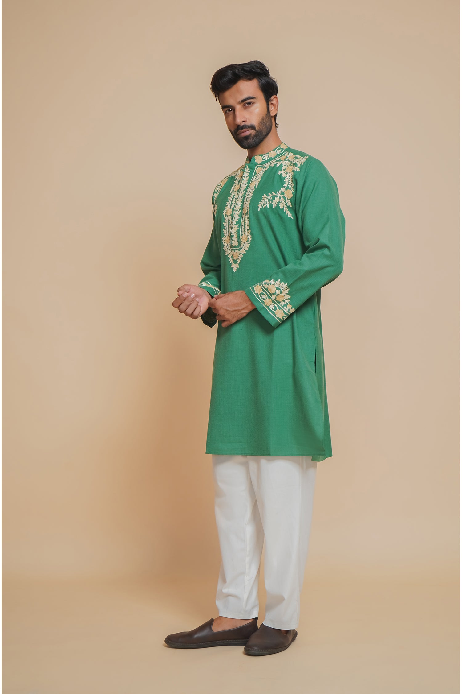 Cotton Arri Work Kurta for Men – Green