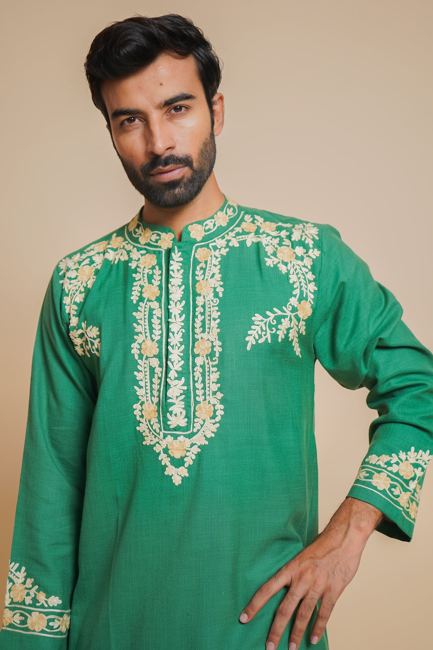 Cotton Arri Work Kurta for Men – Green
