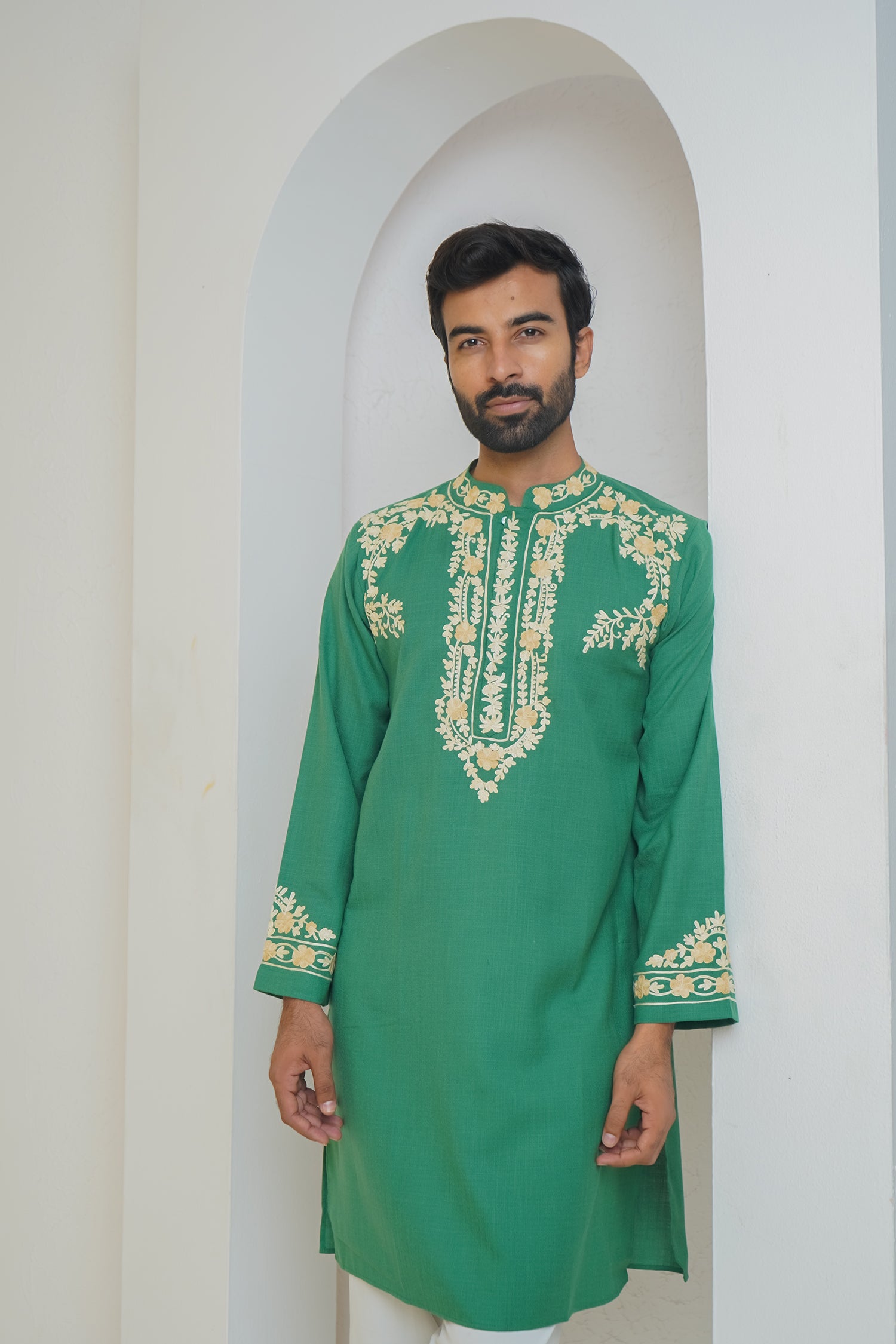 Cotton Arri Work Kurta for Men – Green