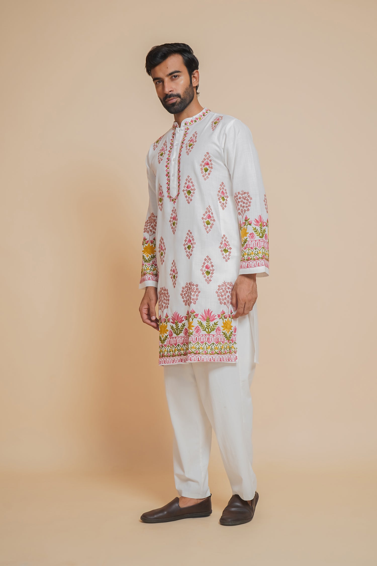 Cotton Arri Work Kurta for Men – White