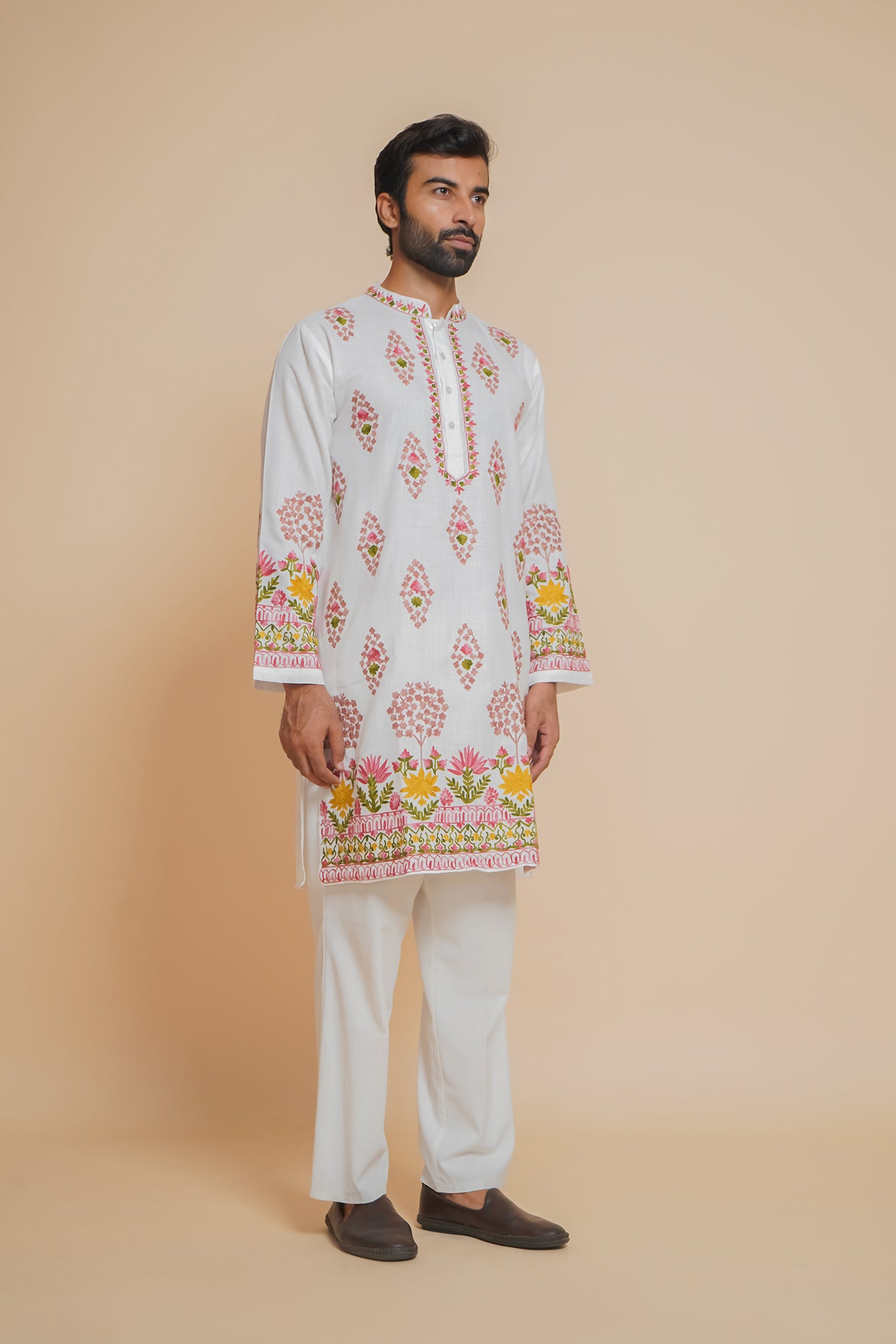 Cotton Arri Work Kurta for Men – White