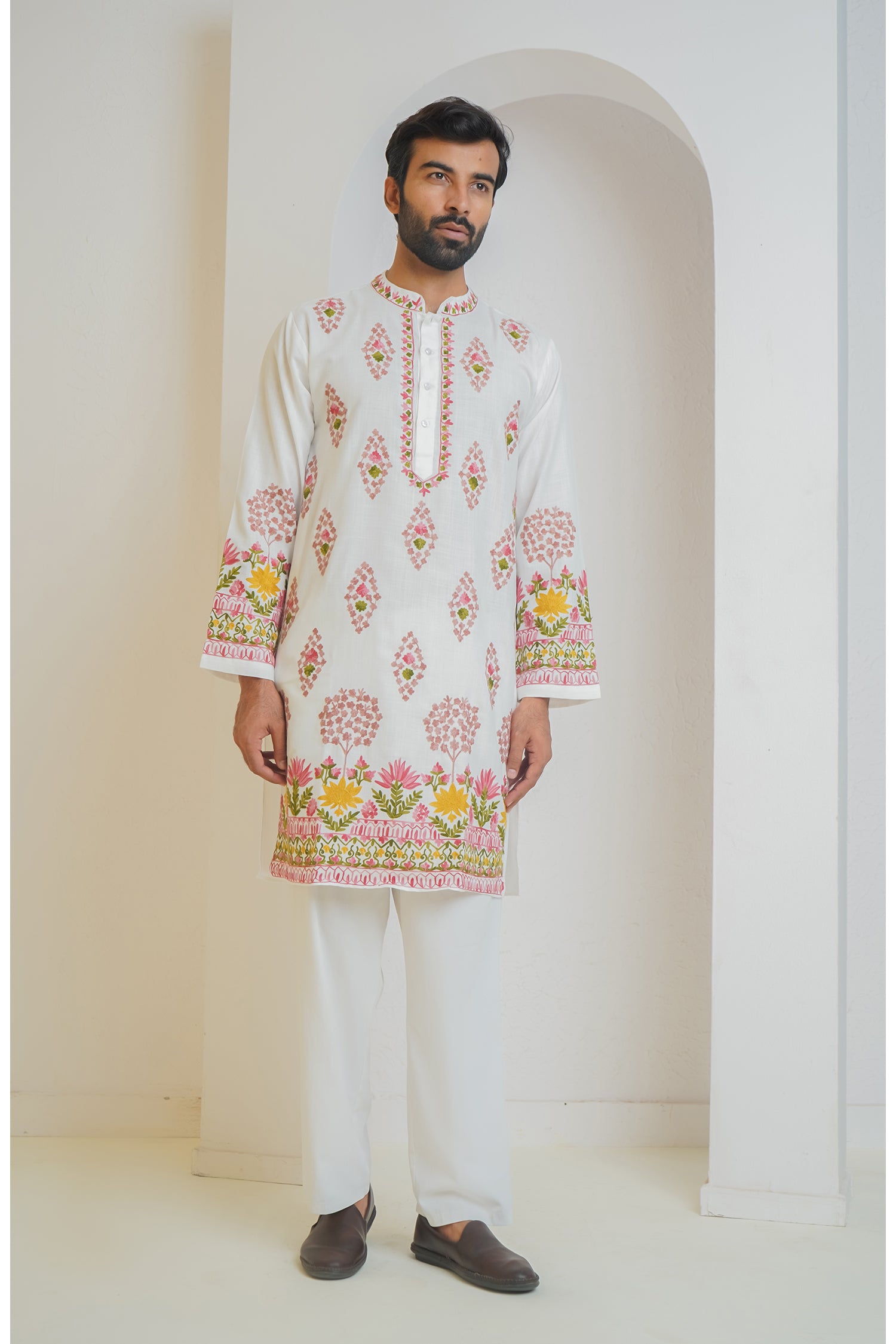 Cotton Arri Work Kurta for Men – White