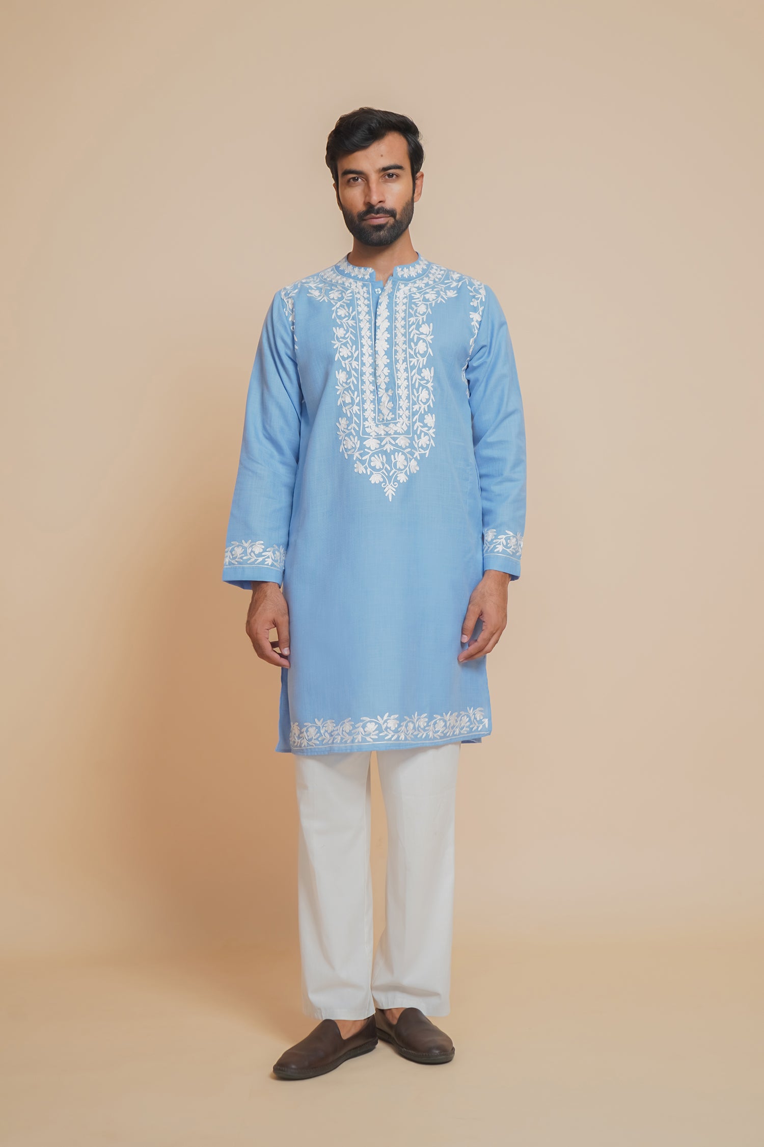 Cotton Arri Work Kurta for Men – Sky Blue