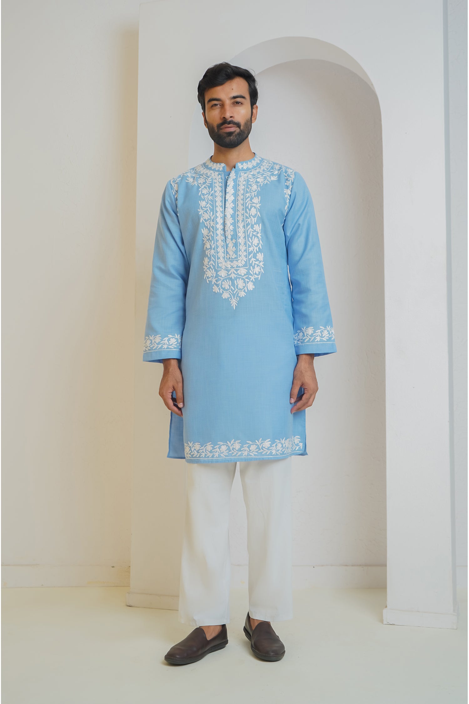 Cotton Arri Work Kurta for Men – Sky Blue