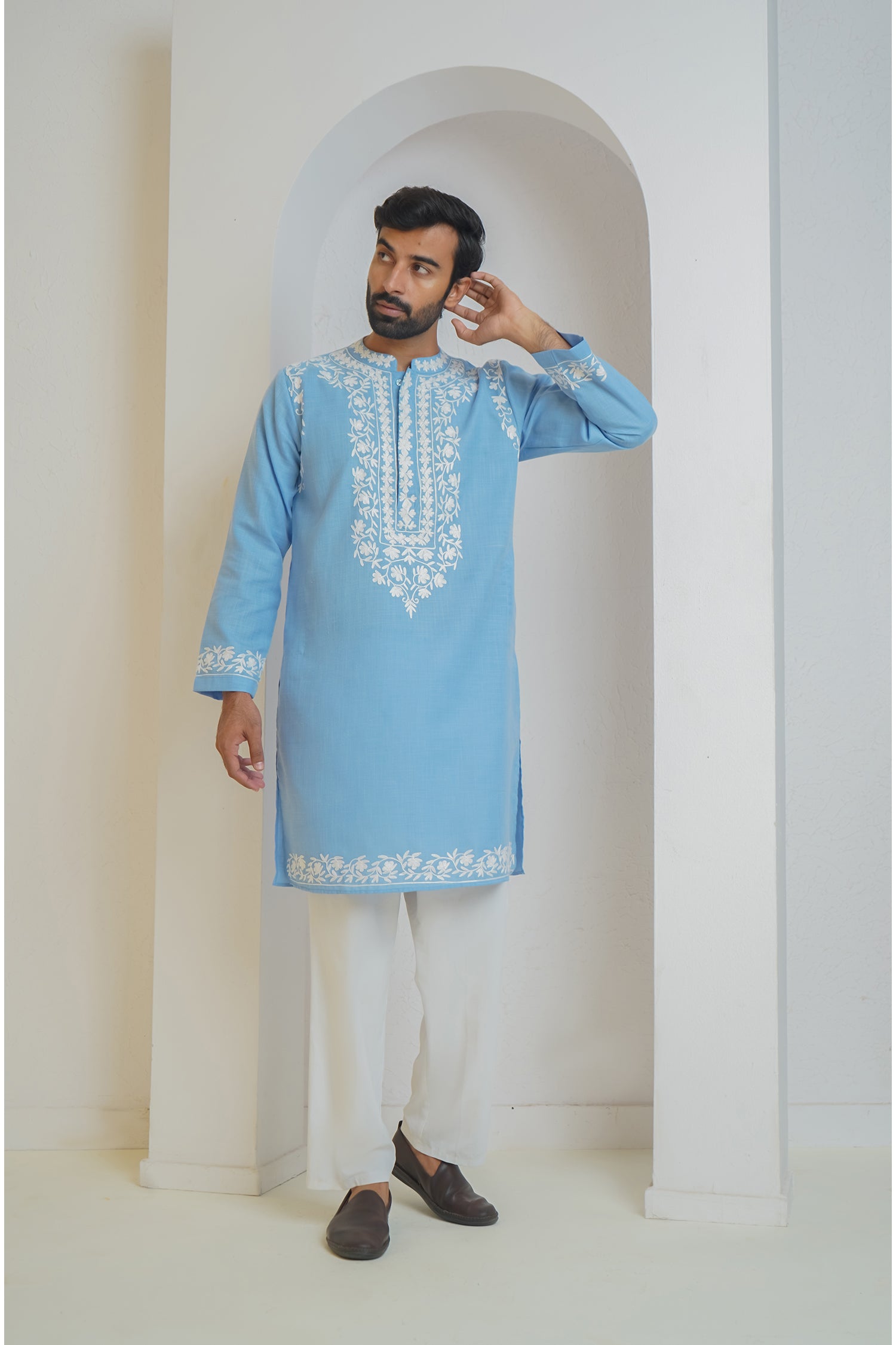 Cotton Arri Work Kurta for Men – Sky Blue