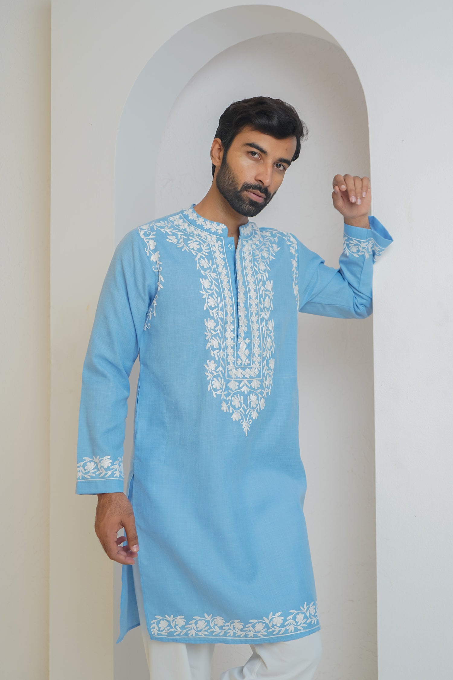 Cotton Arri Work Kurta for Men – Sky Blue