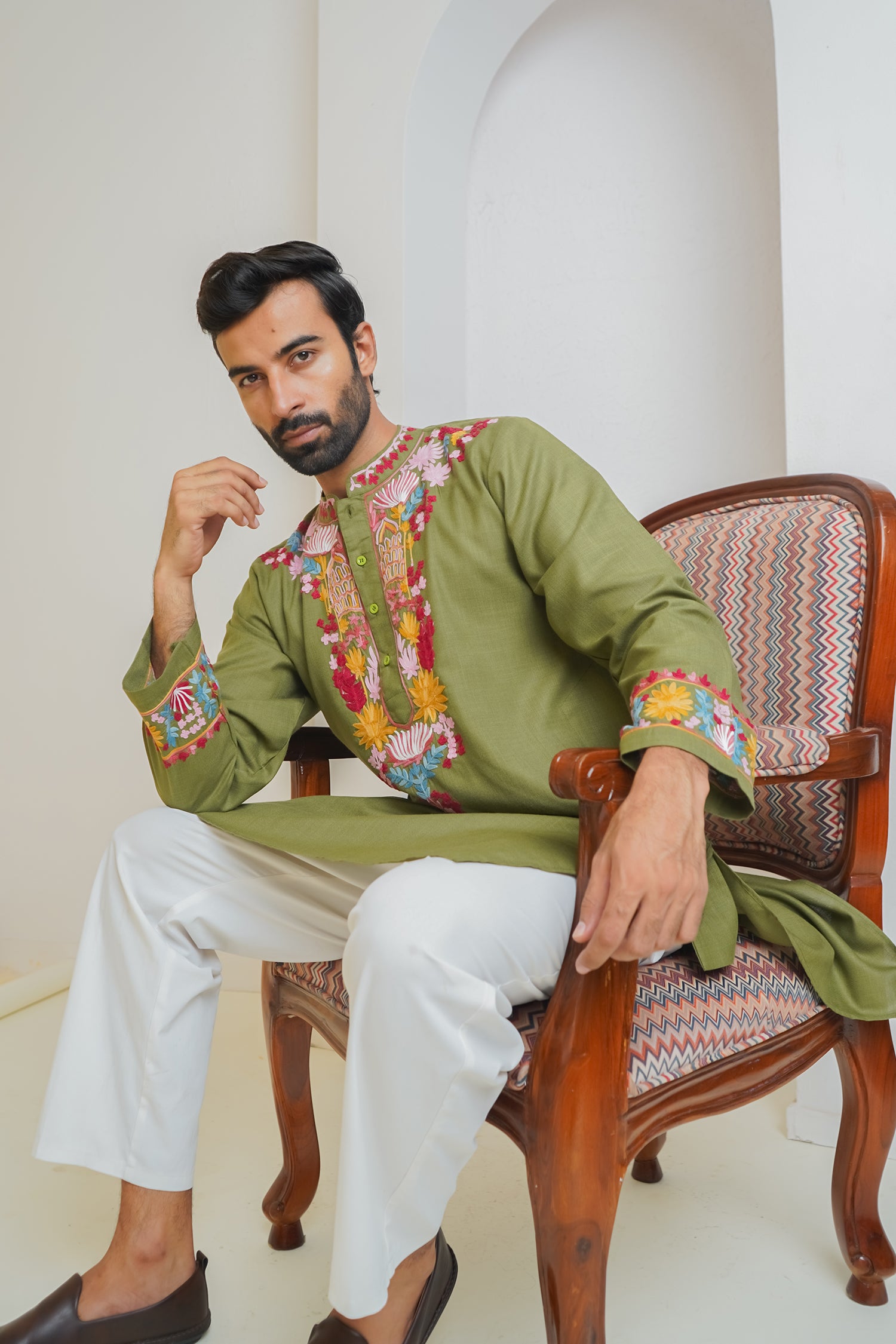 Cotton Arri Work Kurta for Men – Olive Green