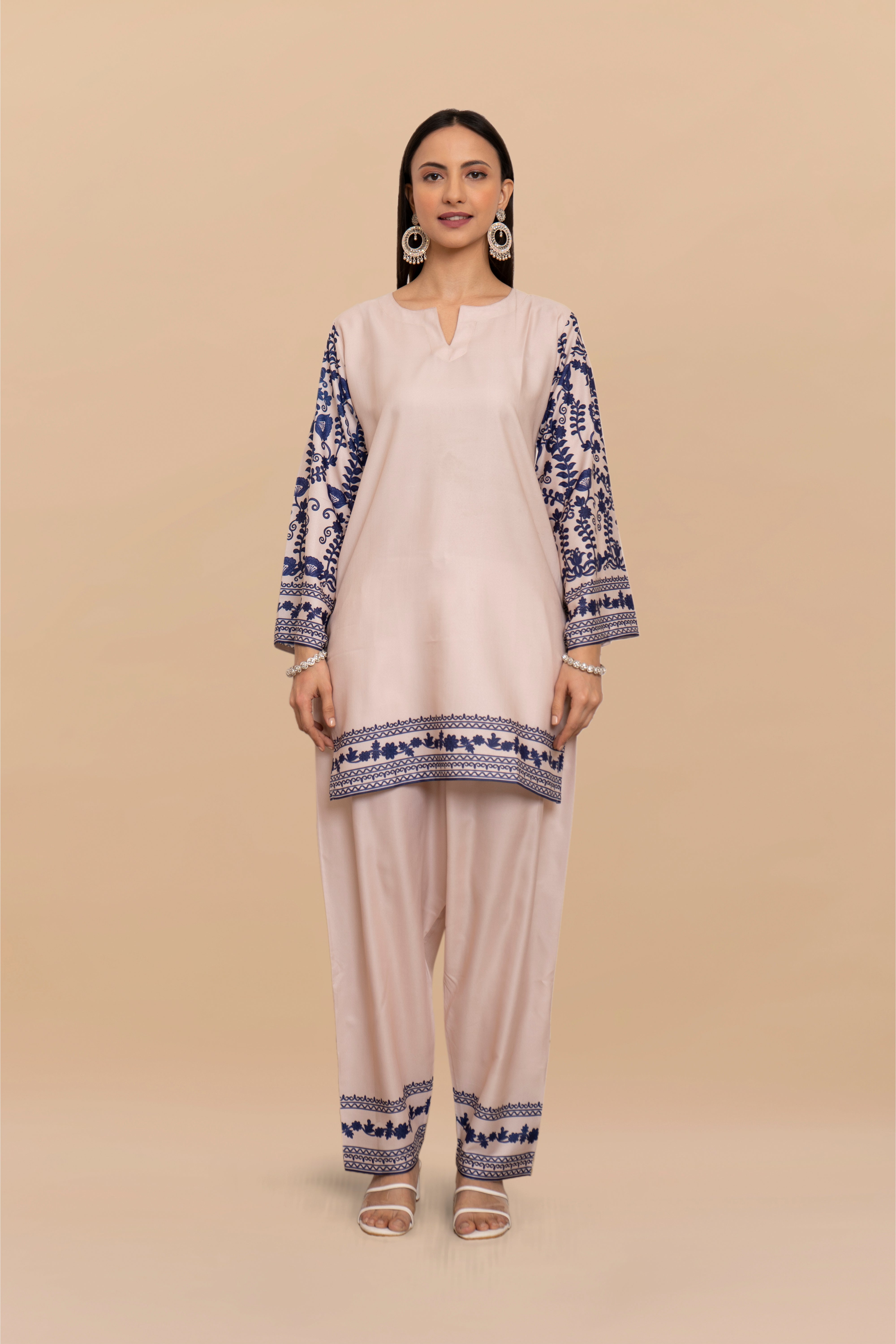 Printkari Poly Muslin Co-ord set in Beige Blue