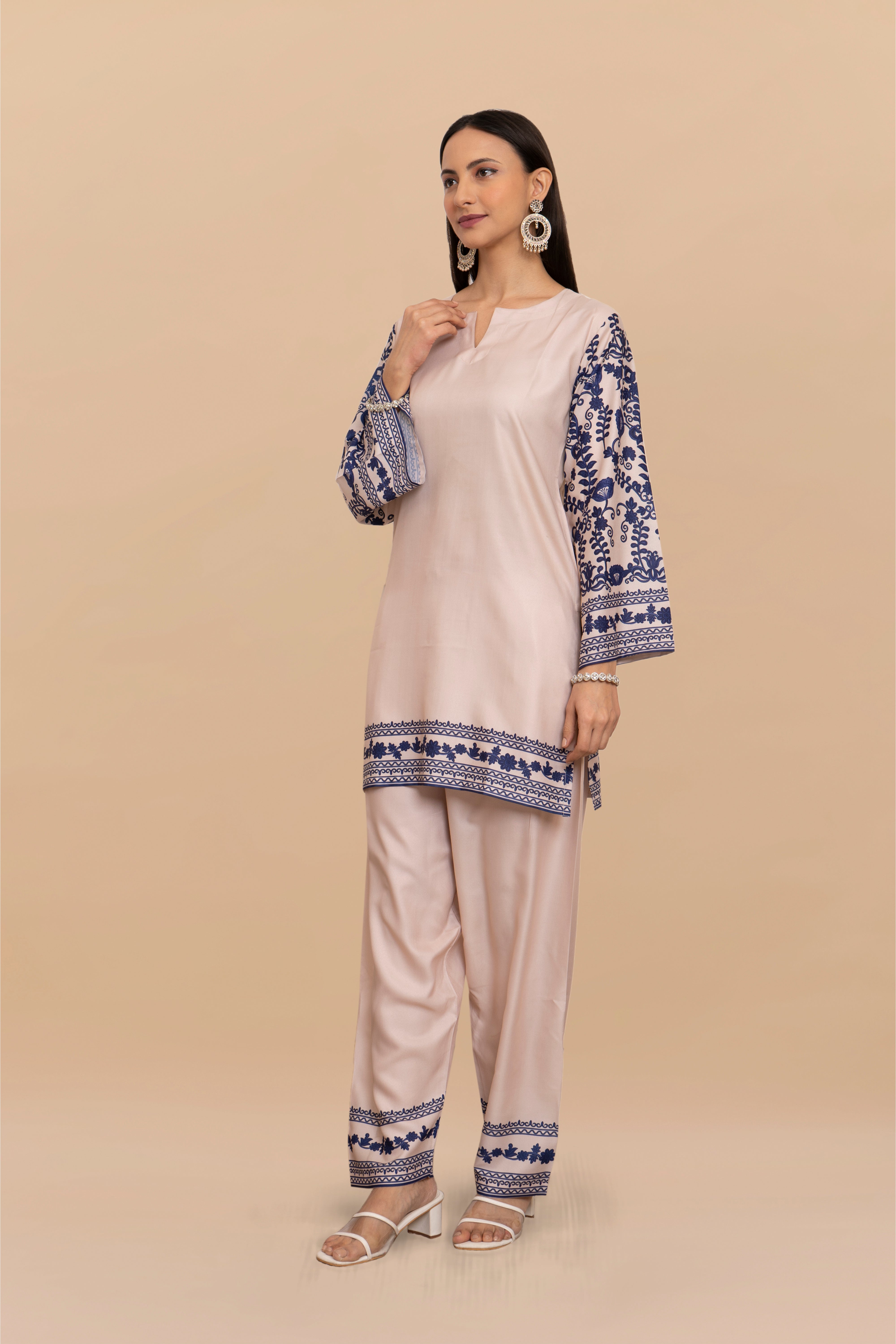 Printkari Poly Muslin Co-ord set in Beige Blue