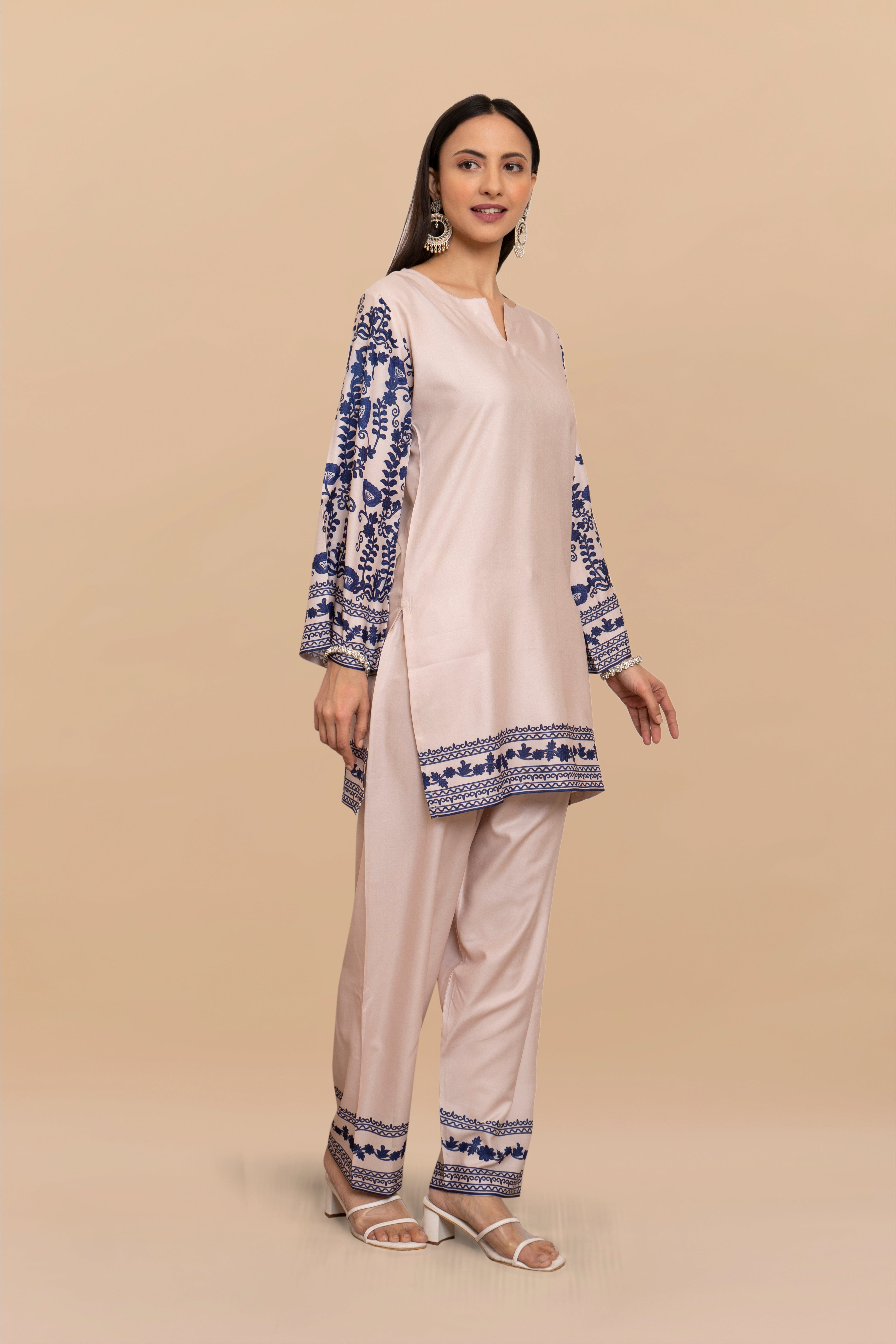 Printkari Poly Muslin Co-ord set in Beige Blue