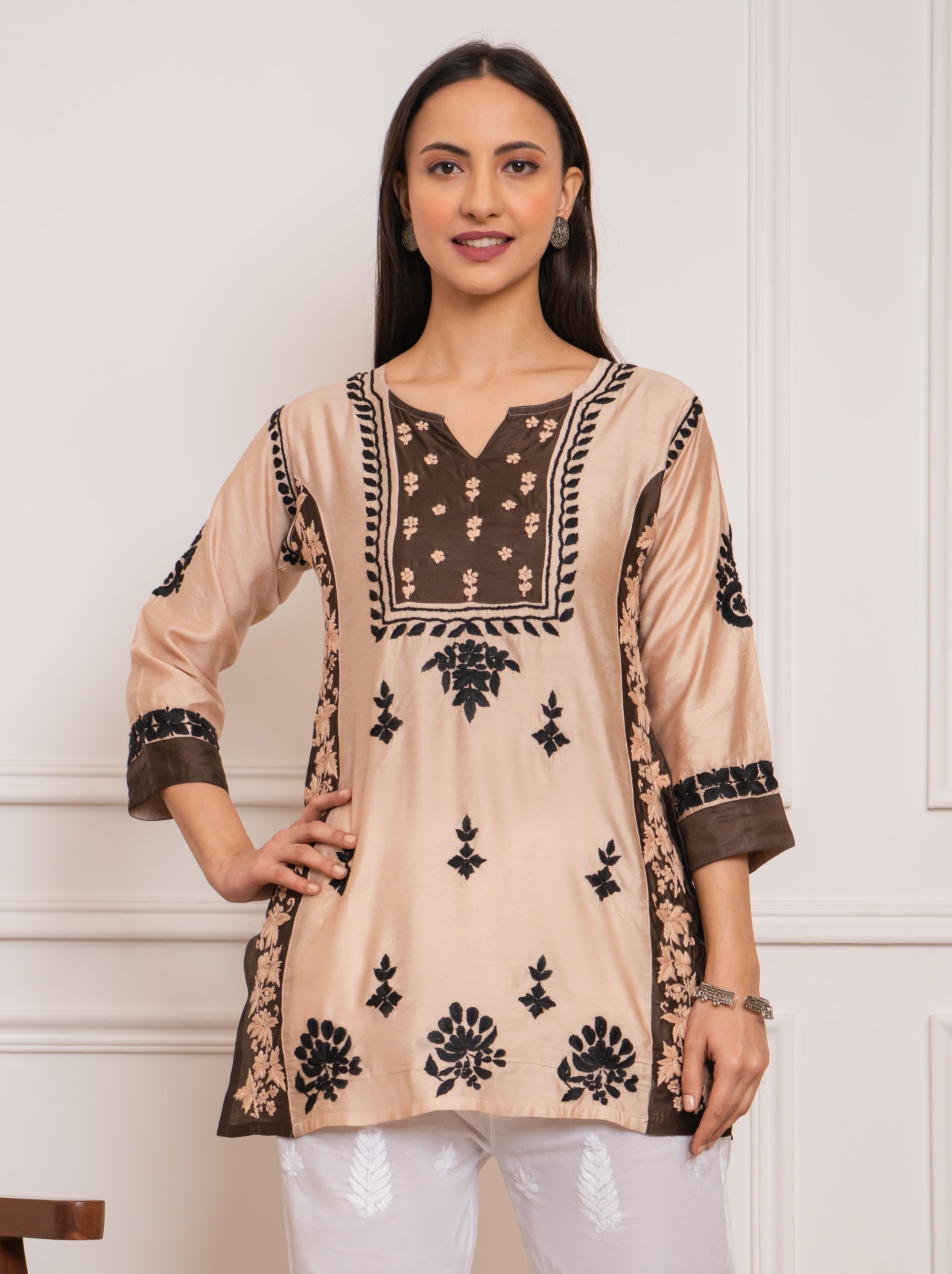 Saba Chikankari Short kurta in Chanderi Silk - Beige With Dark Brown