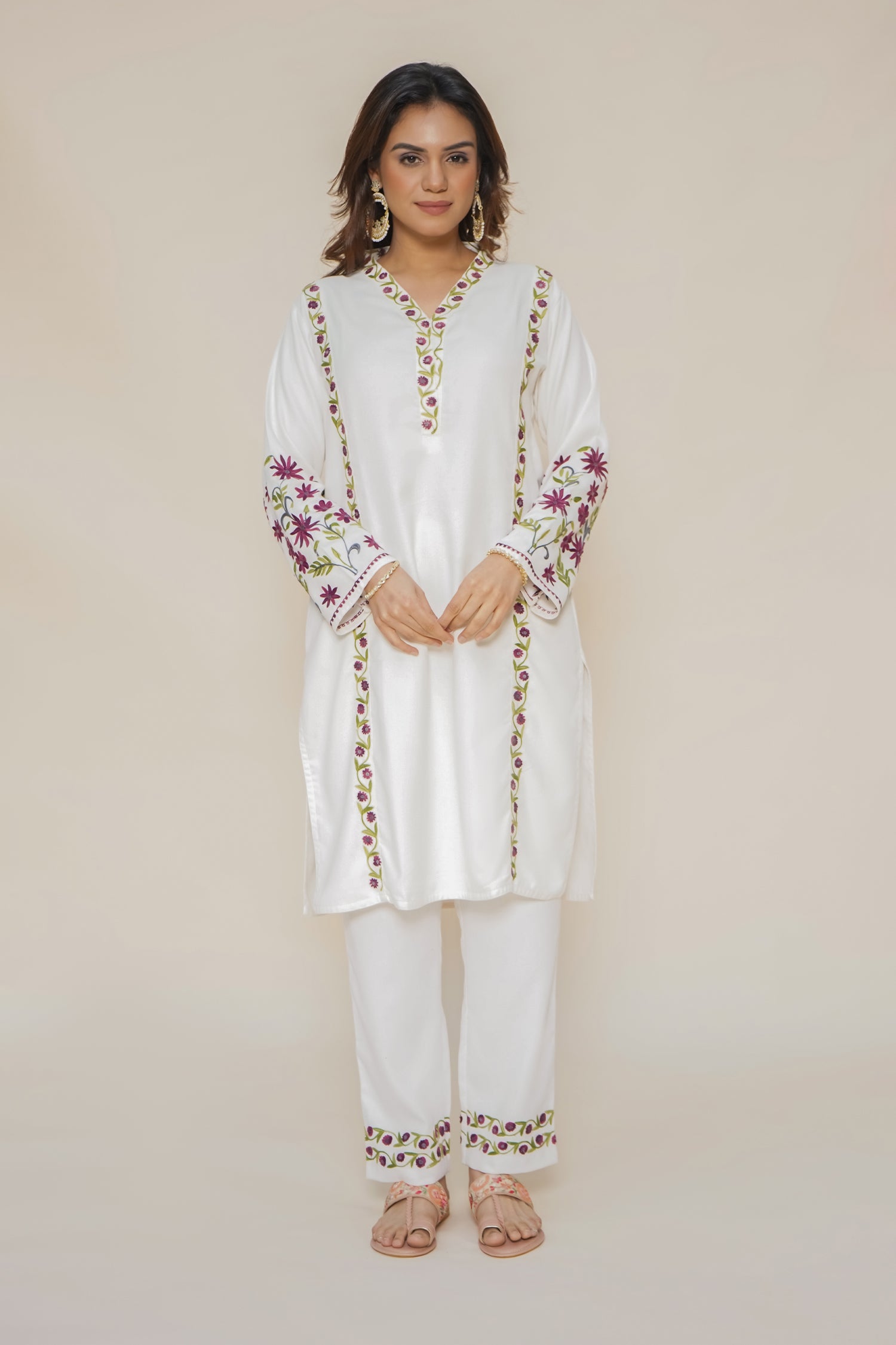 Woollen Kashmiri White Kurta Set