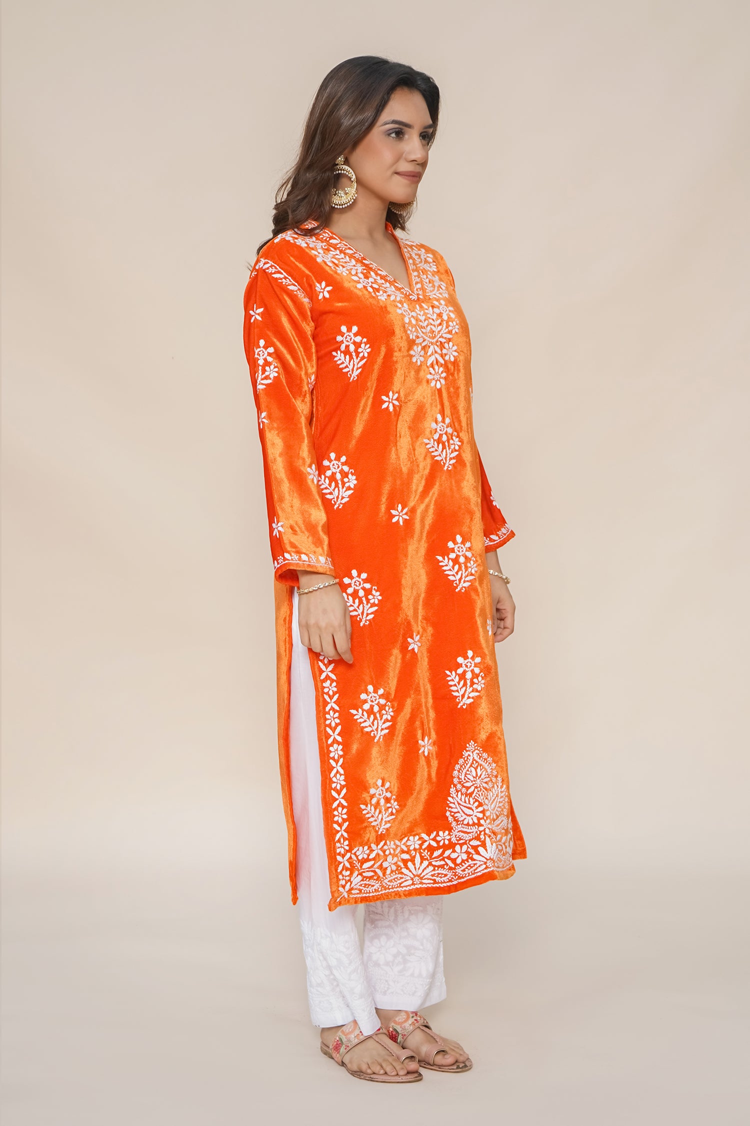 Velvet Chikankari Long Kurta in Orange